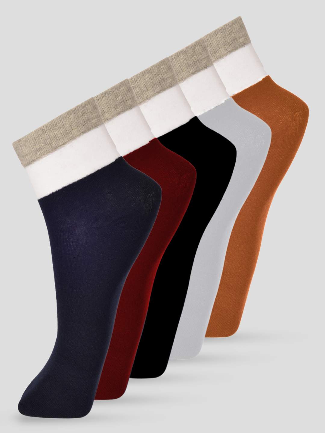 PACK OF 5 SOLID COLOR BLOCKING DESIGN ANKLE LENGTH CUT ASSORTED COTTON SOCKS 09