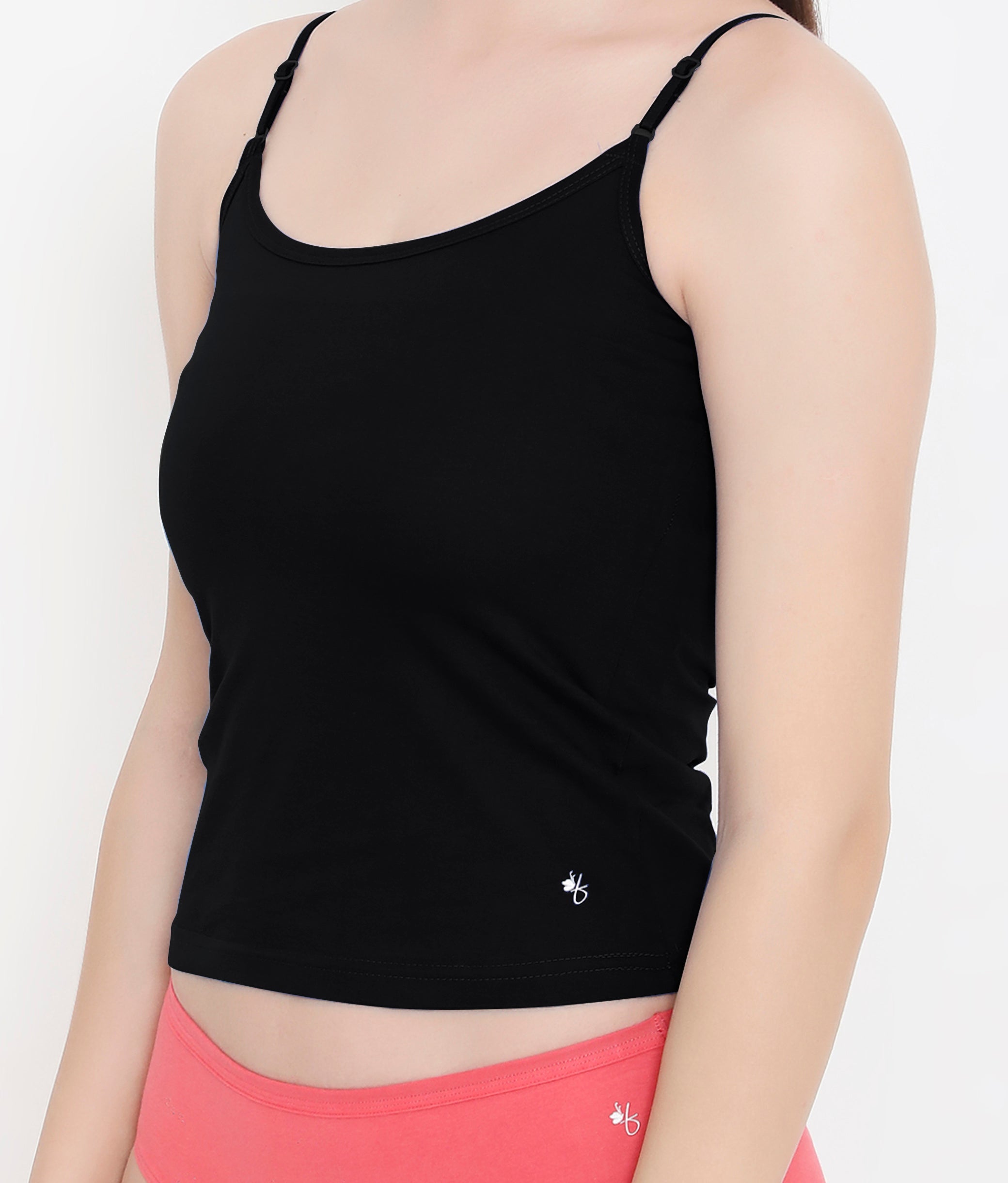 Solid Black 100% Soft Cotton Innerwear Camisole with Adjustable Straps for Women