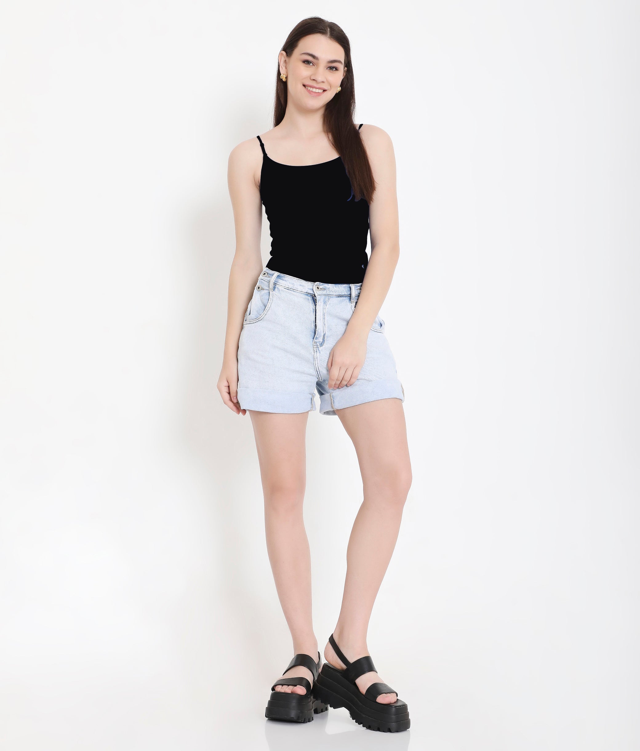 Solid Black 100% Soft Cotton Innerwear Camisole with Adjustable Straps for Women