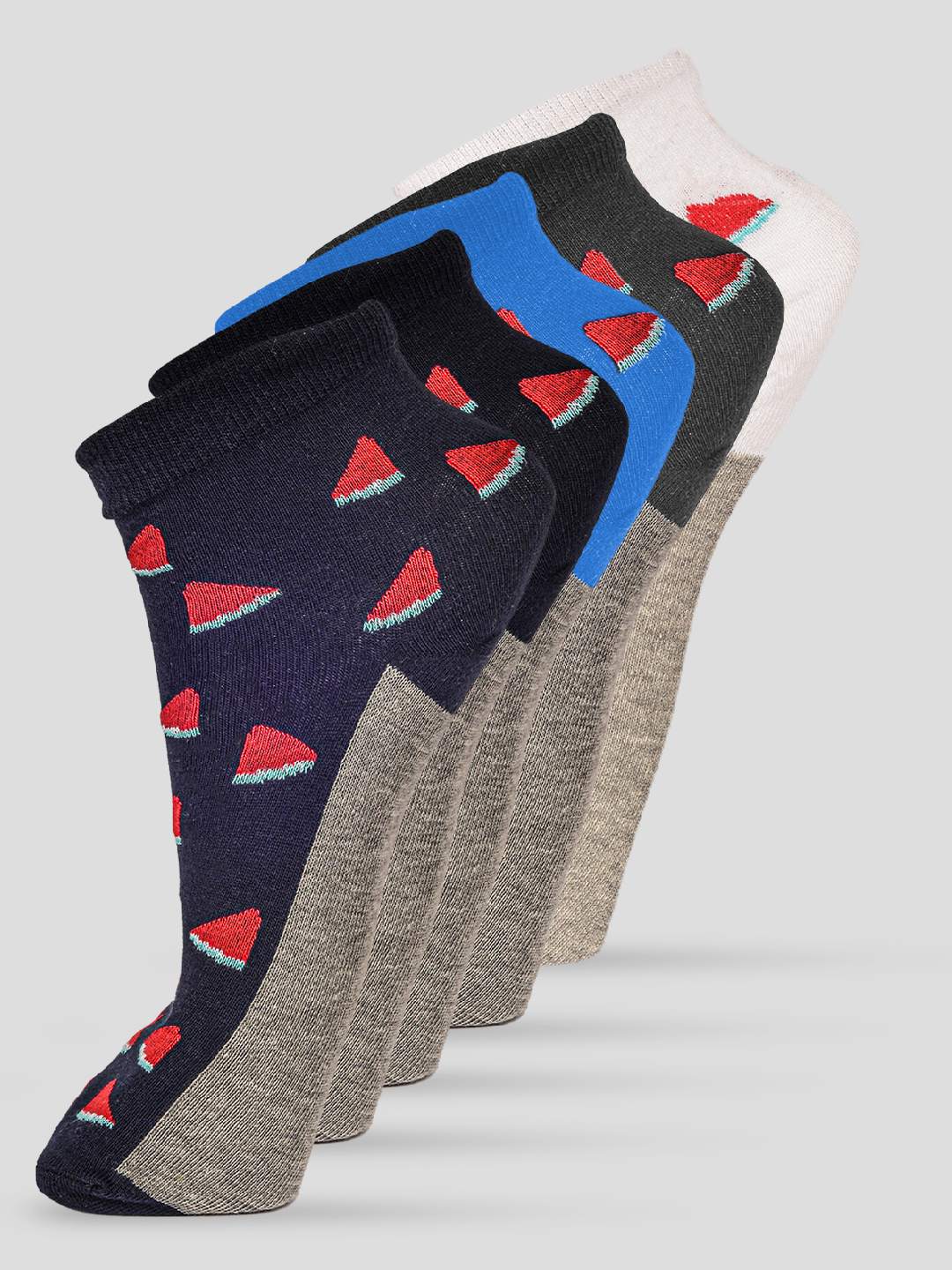 PACK OF 5 AOP+COLOR BLOCKING DESIGN ANKLE LENGTH CUT ASSORTED COTTON SOCKS 10