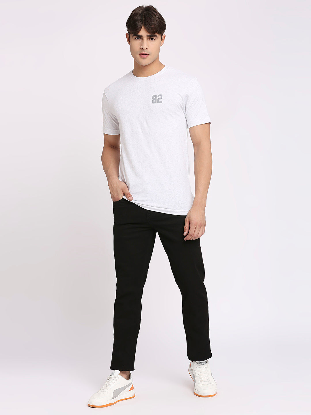 Mens White Melange Round Neck T-Shirt
