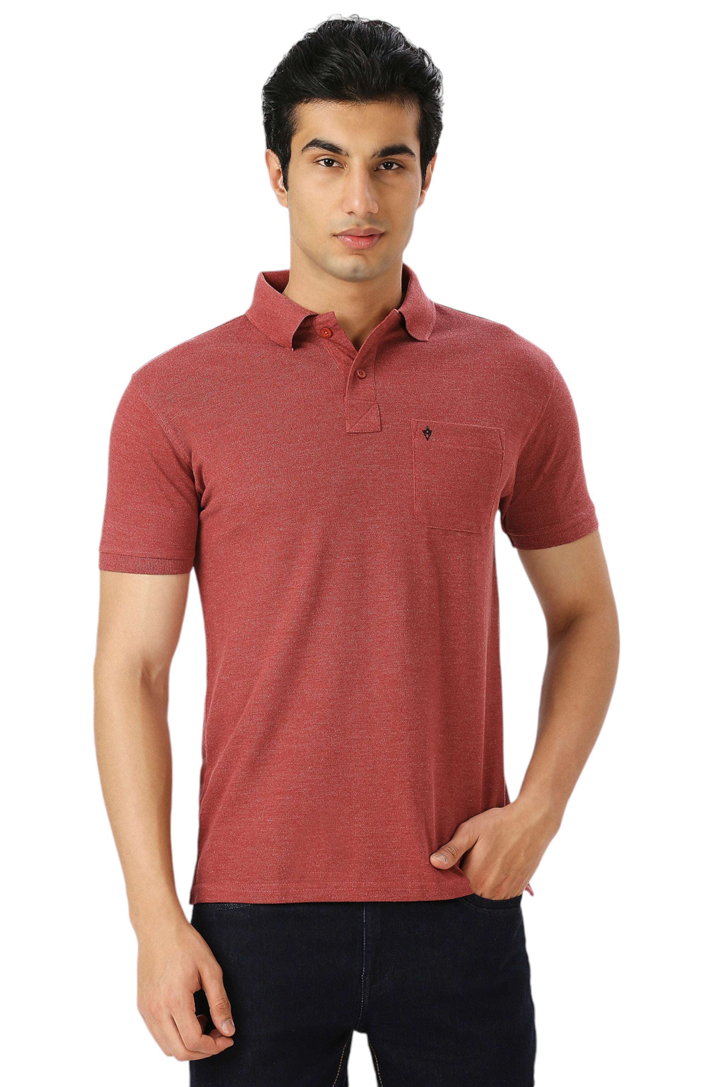 Maroon Melange Cotton Polo T-Shirt with Chest Pocket for Men