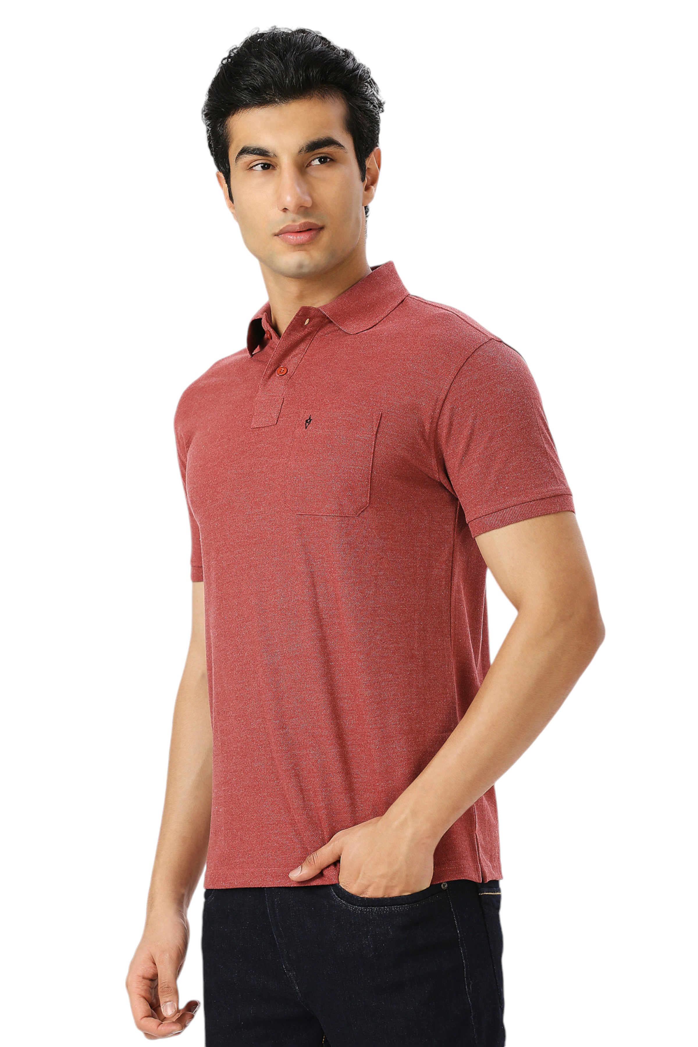 Maroon Melange Cotton Polo T-Shirt with Chest Pocket for Men