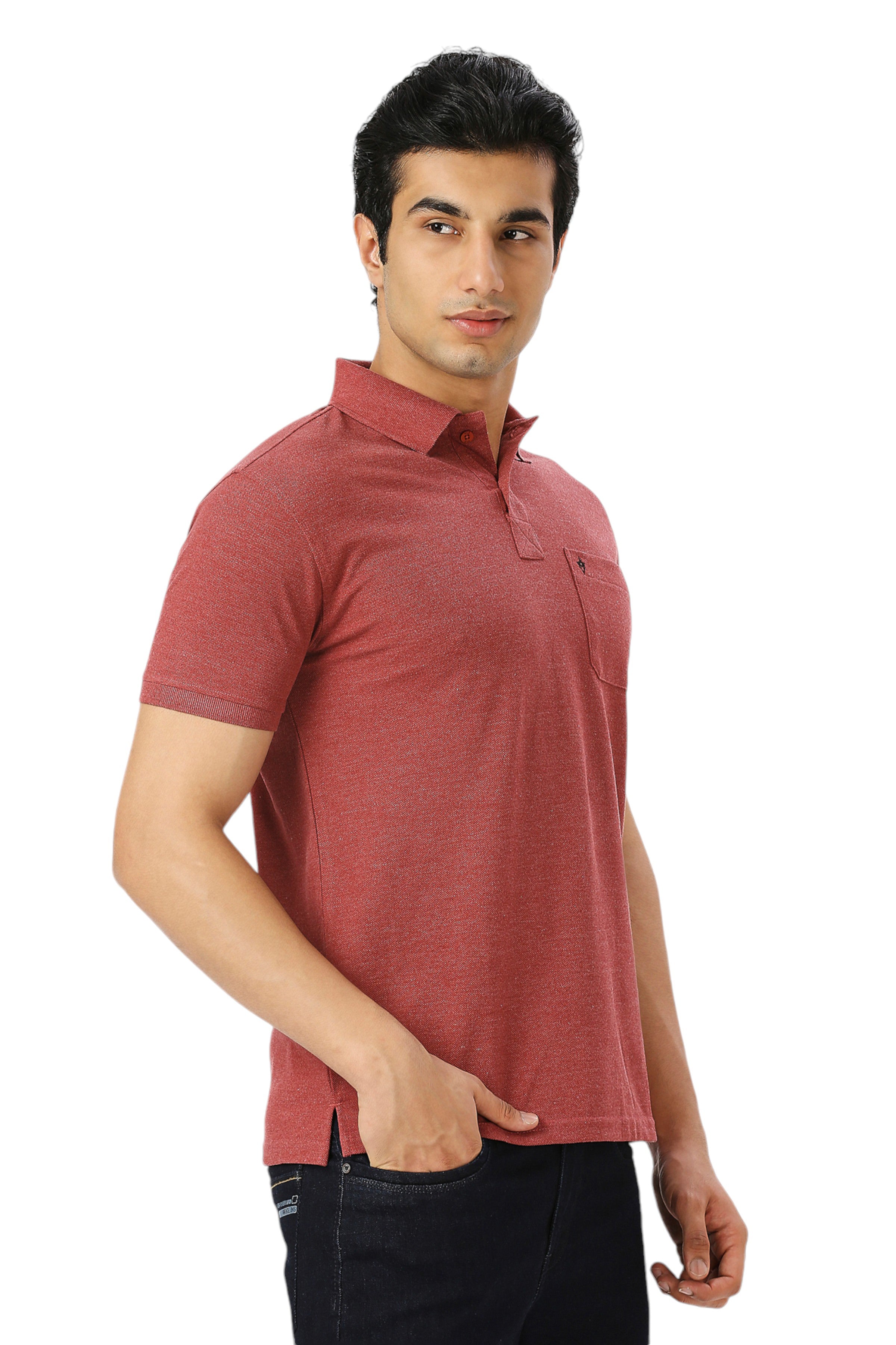 Maroon Melange Cotton Polo T-Shirt with Chest Pocket for Men