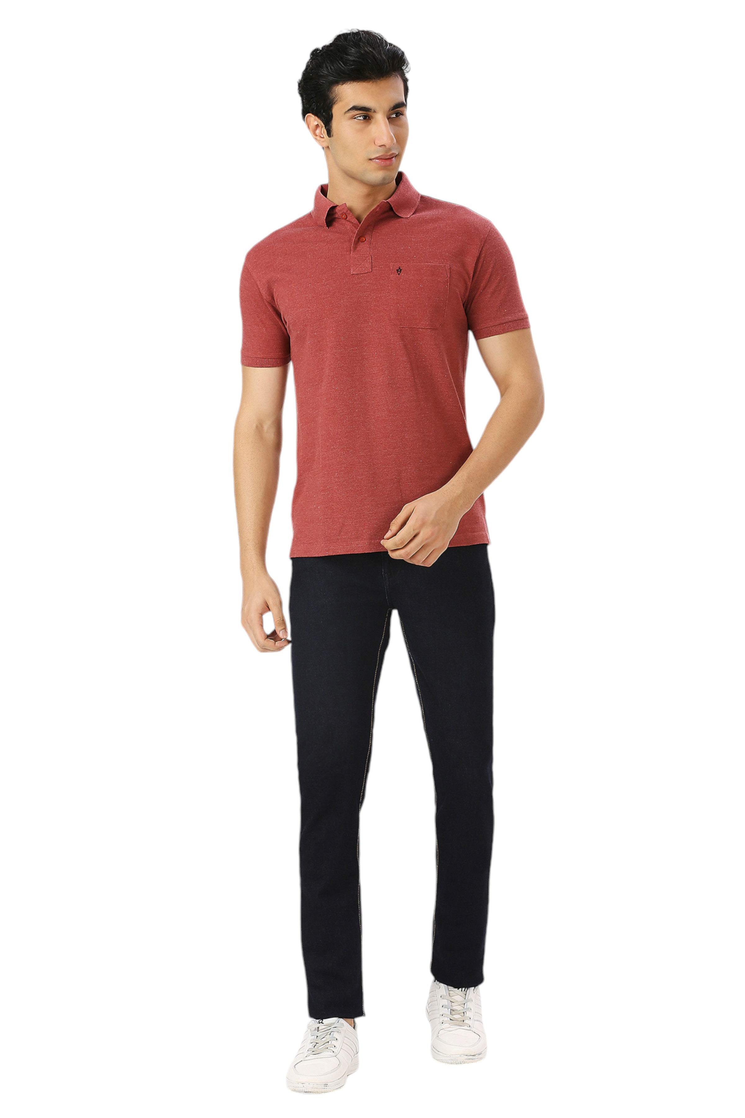Maroon Melange Cotton Polo T-Shirt with Chest Pocket for Men