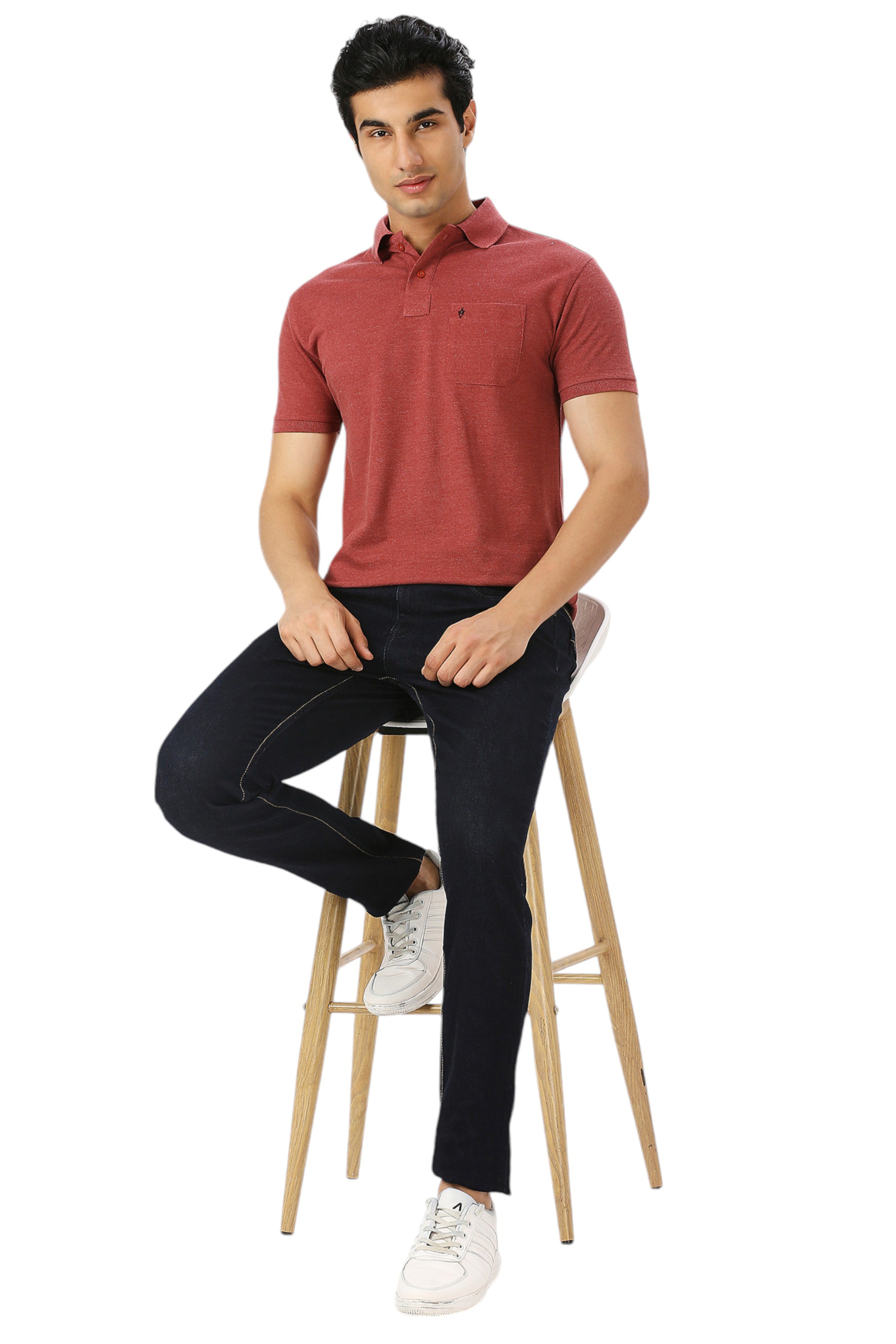 Maroon Melange Cotton Polo T-Shirt with Chest Pocket for Men