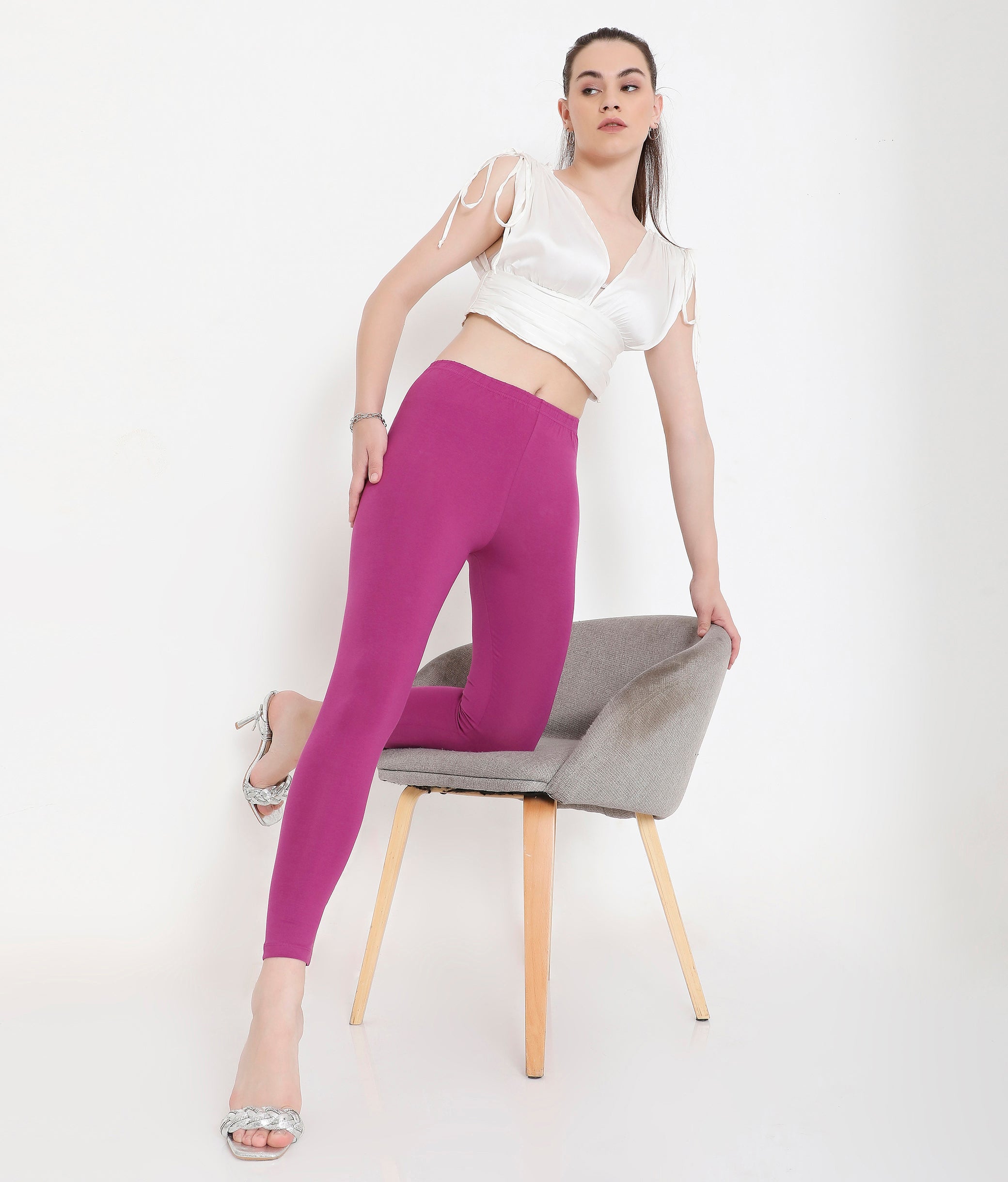 SOLID PURPLE ANKLE-LENGTH COTTON LEGGINGS FOR WOMEN