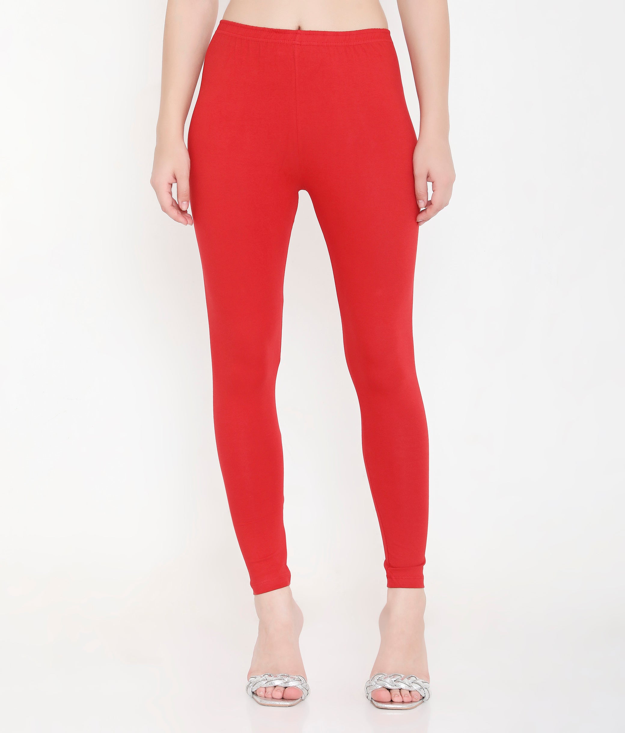 SOLID RED ANKLE-LENGTH COTTON LEGGINGS FOR WOMEN