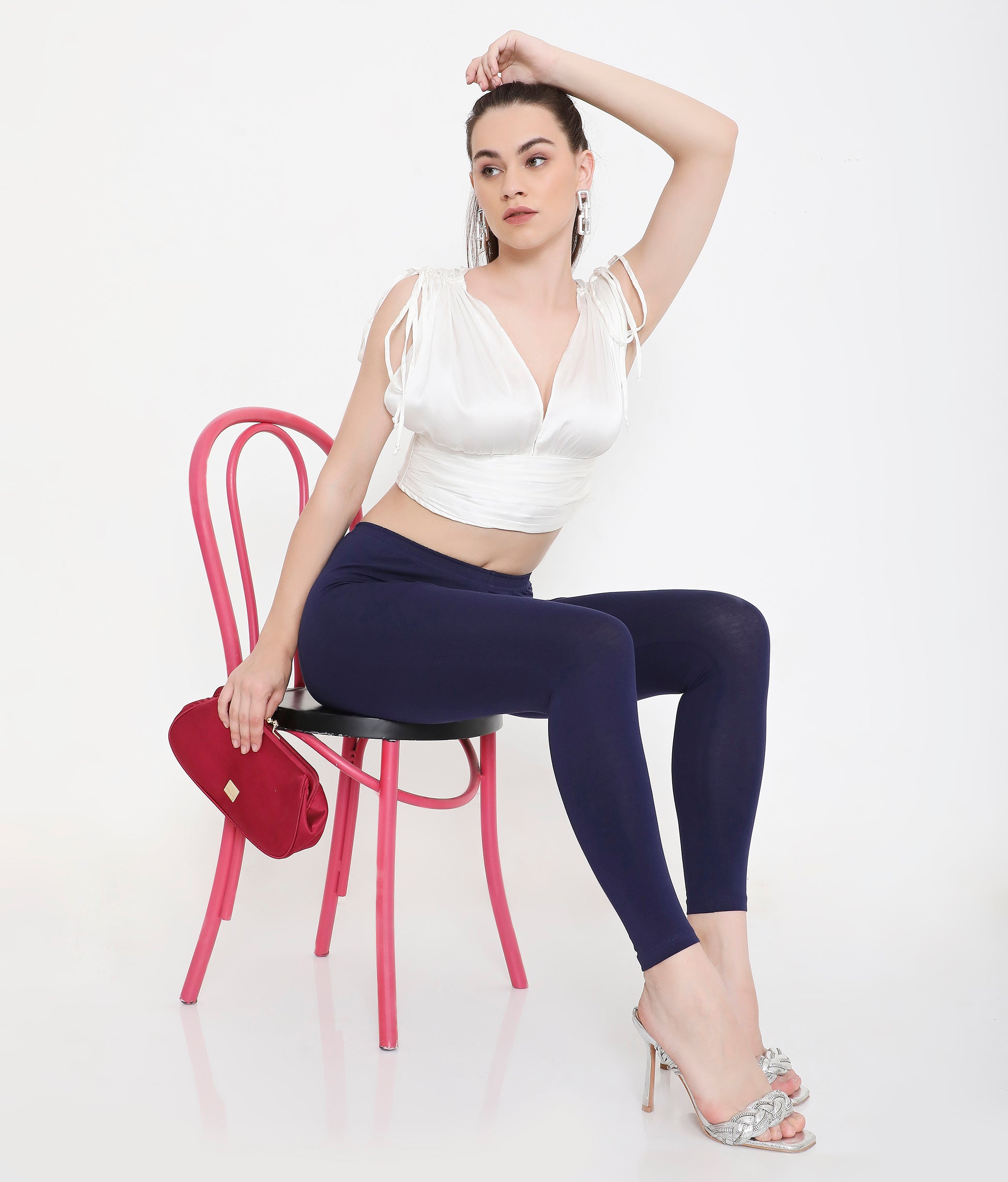 WOMEN NAVY BLUE ANKLE-LENGTH COTTON LEGGINGS