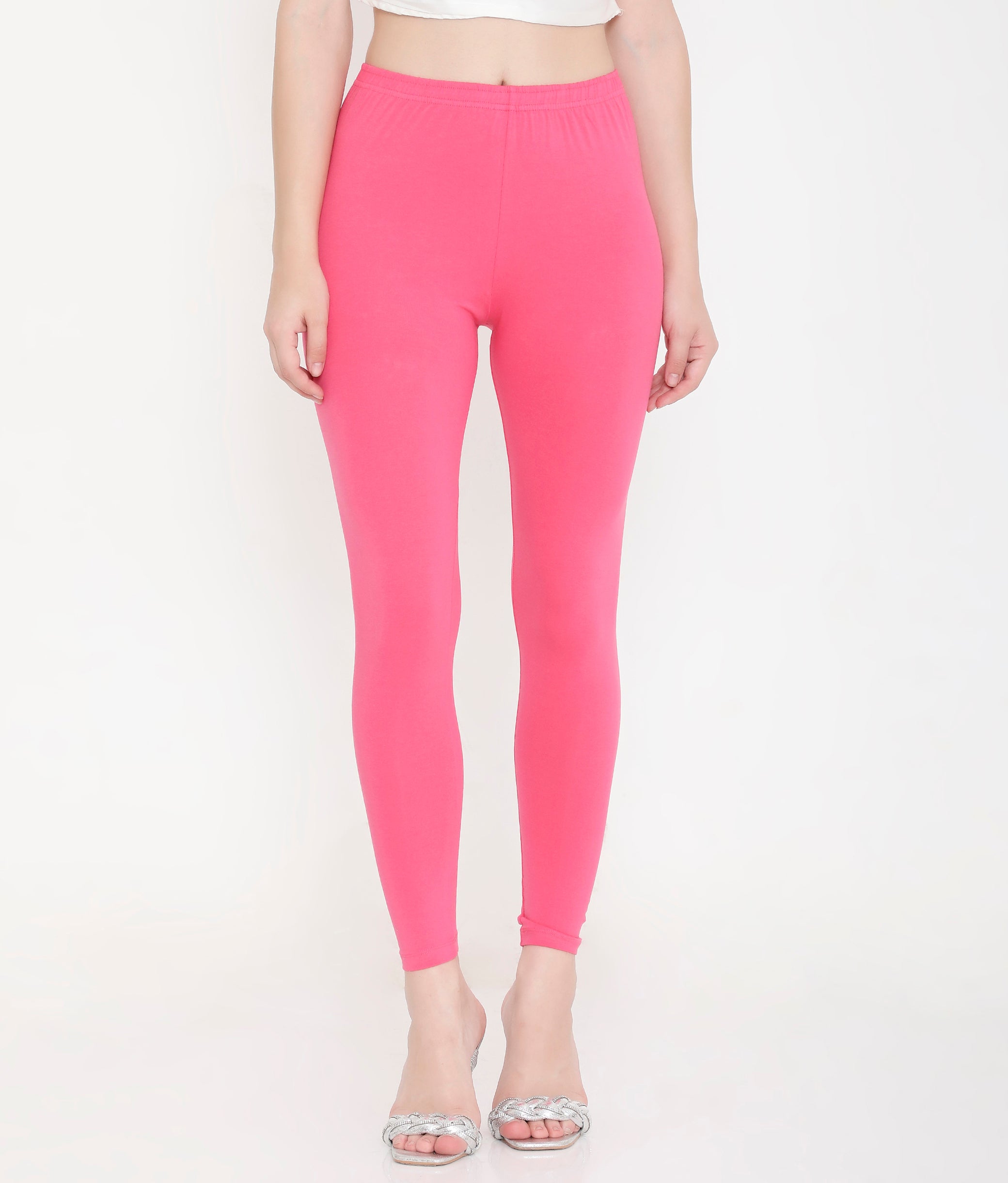 SOLID PINK ANKLE-LENGTH COTTON LEGGINGS FOR WOMEN