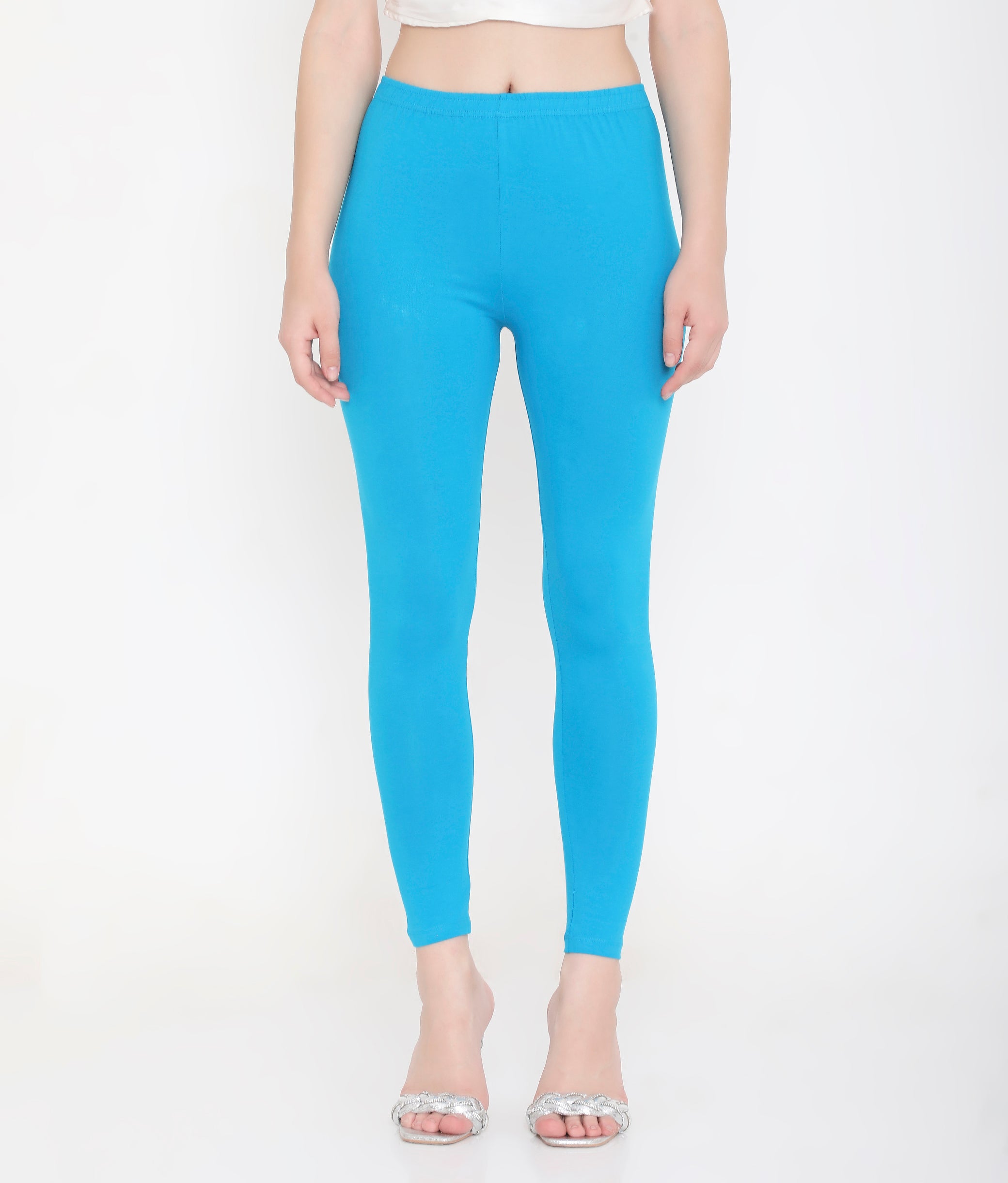 WOMEN SOLID BLUE ANKLE-LENGTH COTTON LEGGINGS