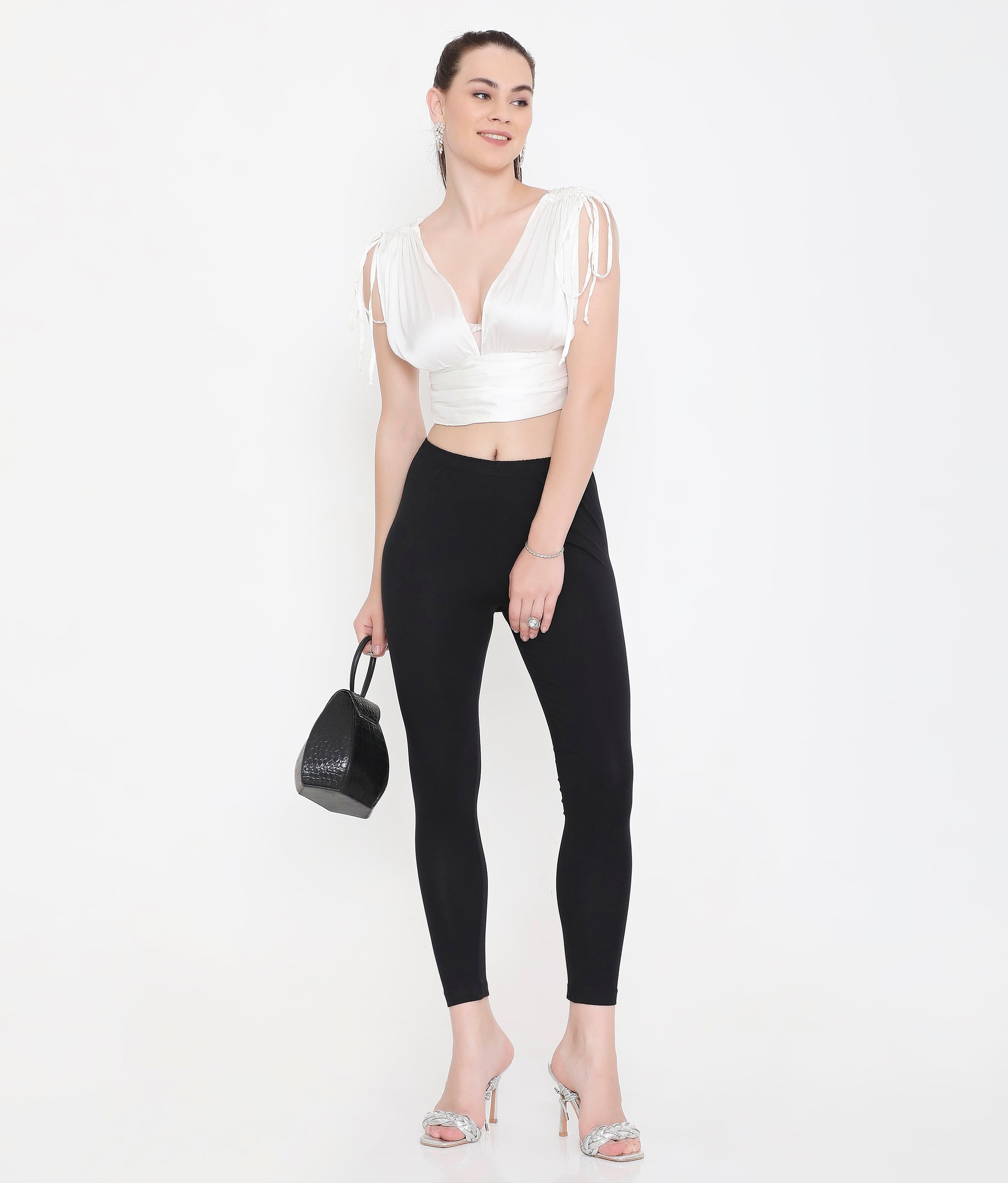 WOMEN SOLID BLACK ANKLE-LENGTH COTTON LEGGINGS