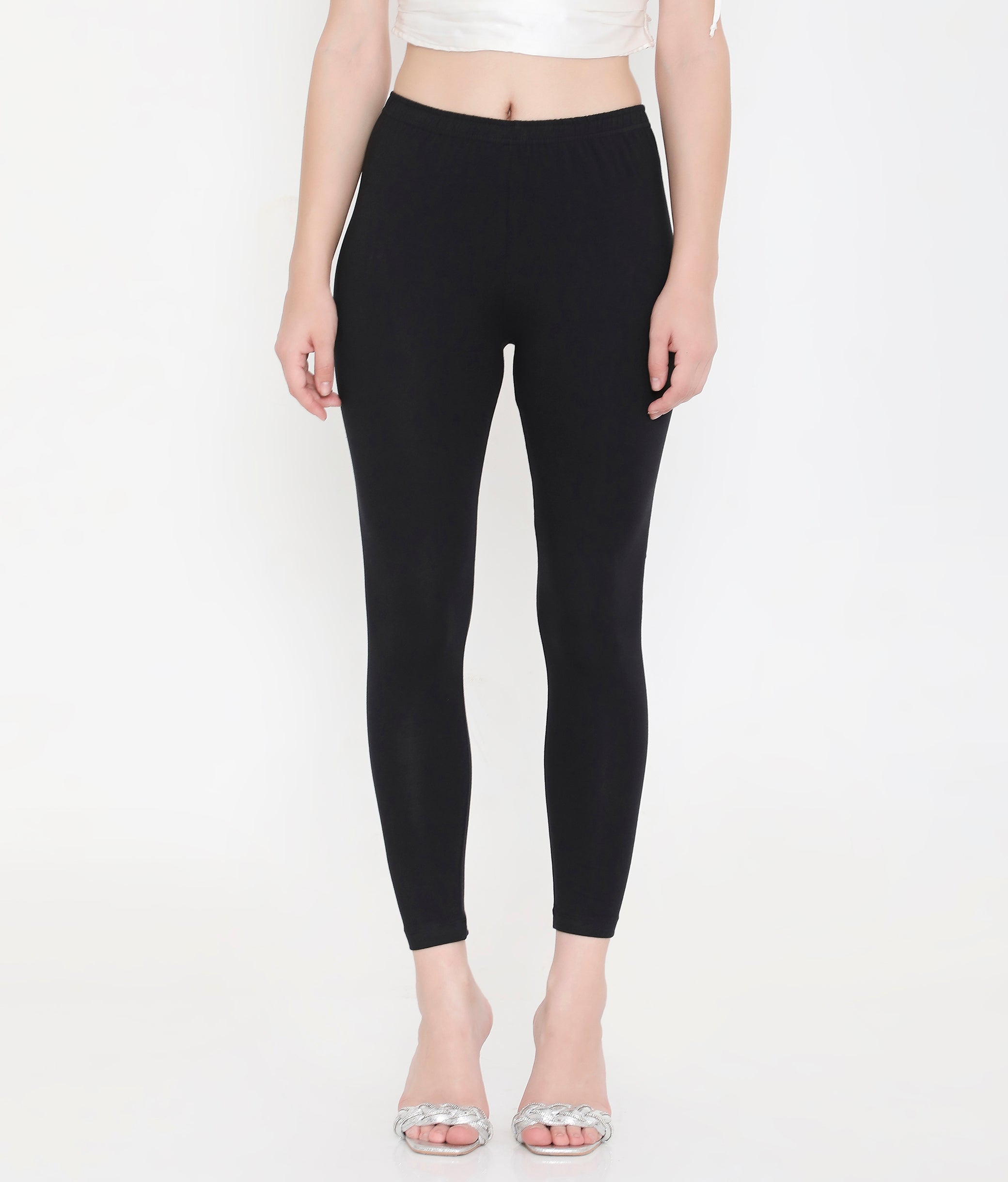 WOMEN SOLID BLACK ANKLE-LENGTH COTTON LEGGINGS