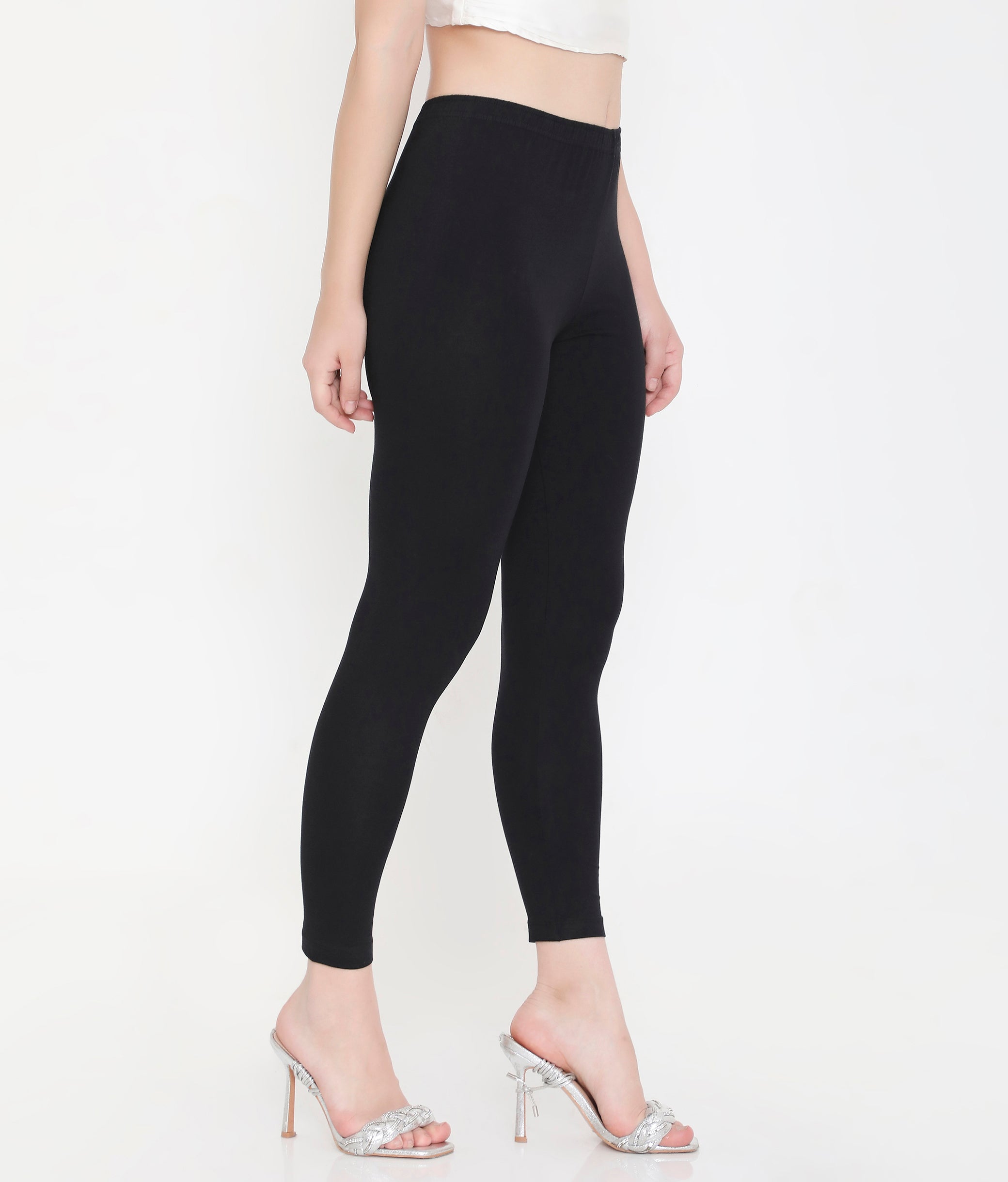 WOMEN SOLID BLACK ANKLE-LENGTH COTTON LEGGINGS
