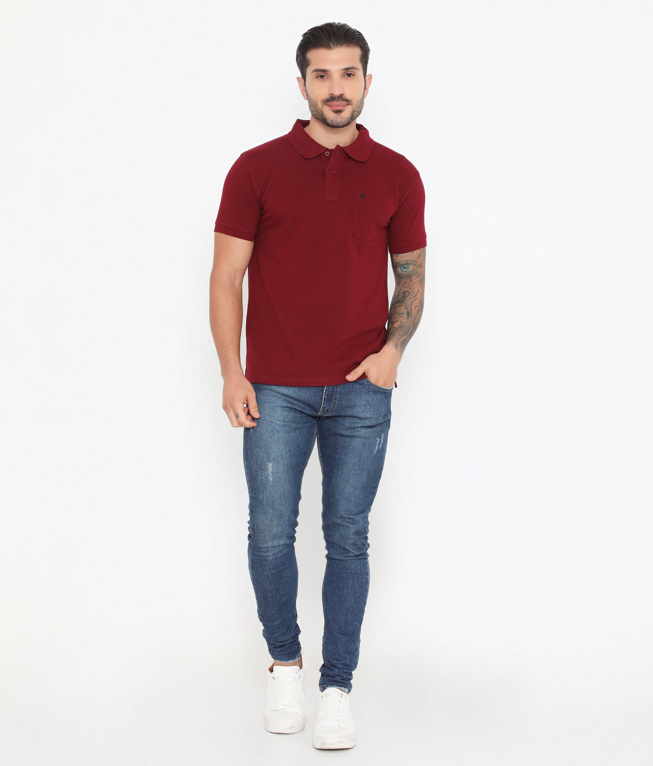 Men Wine Essential Cotton Polo T-Shirt with Chest Pocket