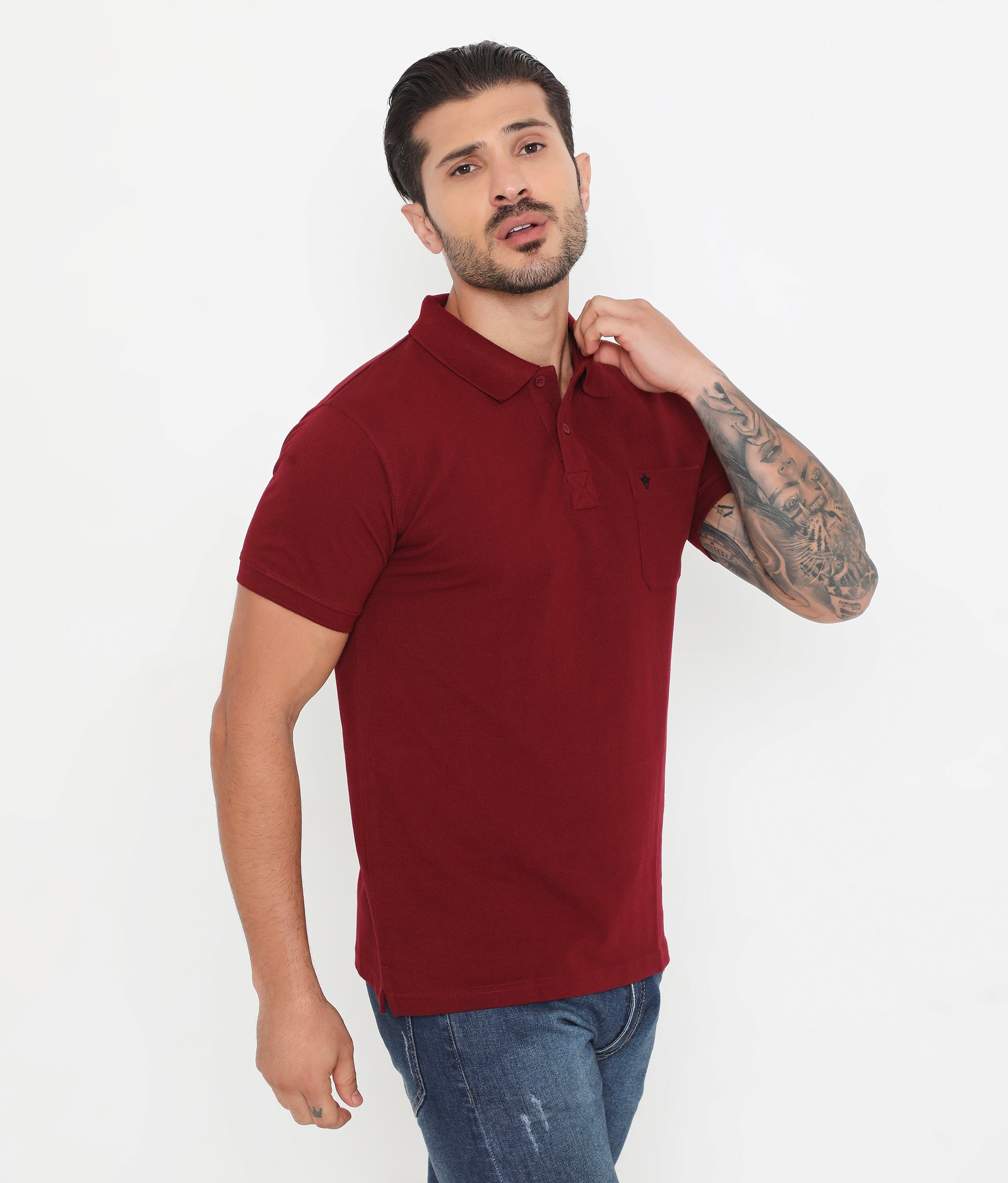 Men Wine Essential Cotton Polo T-Shirt with Chest Pocket