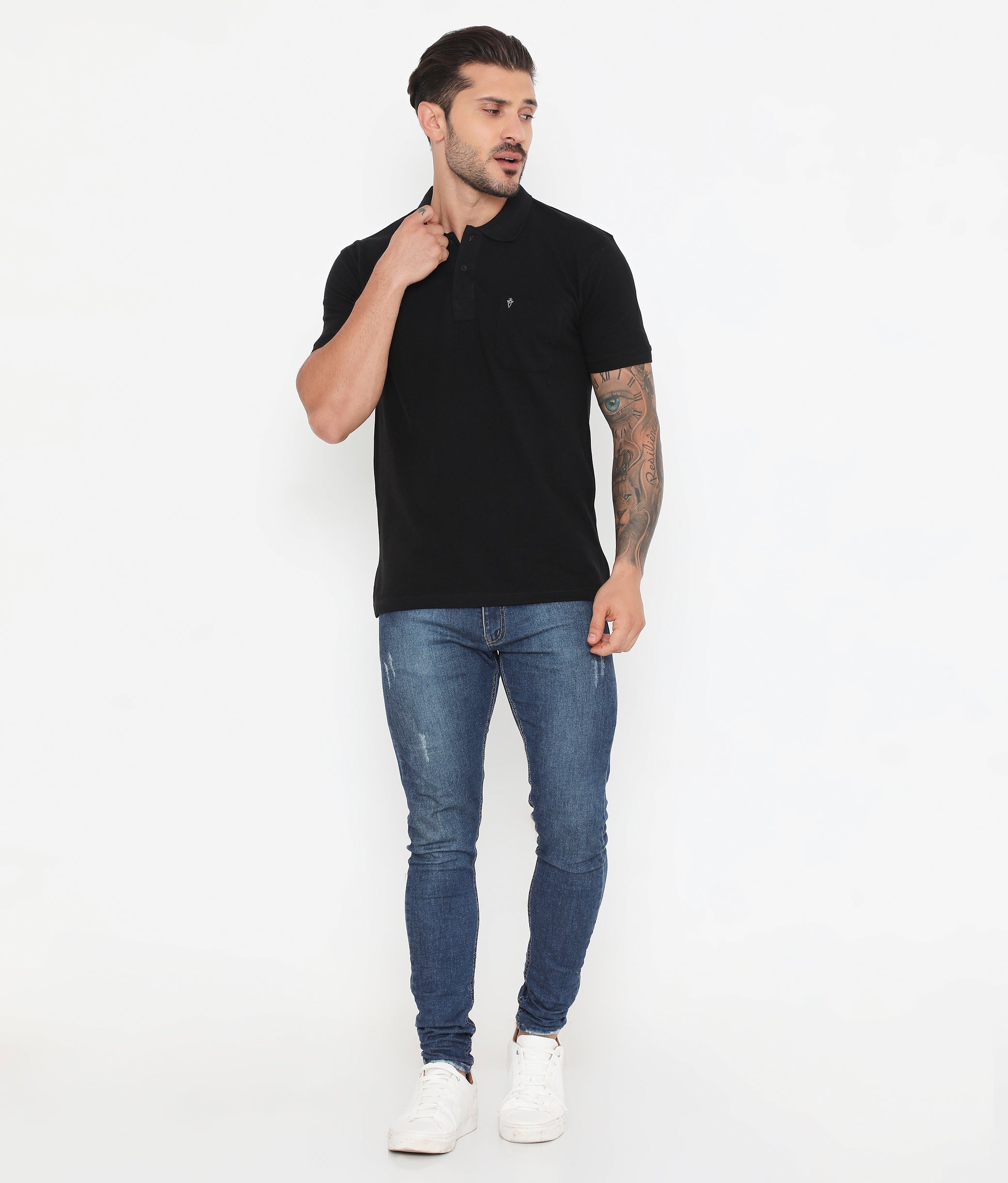 Men Solid Black Cotton Polo T-Shirt with Chest Pocket