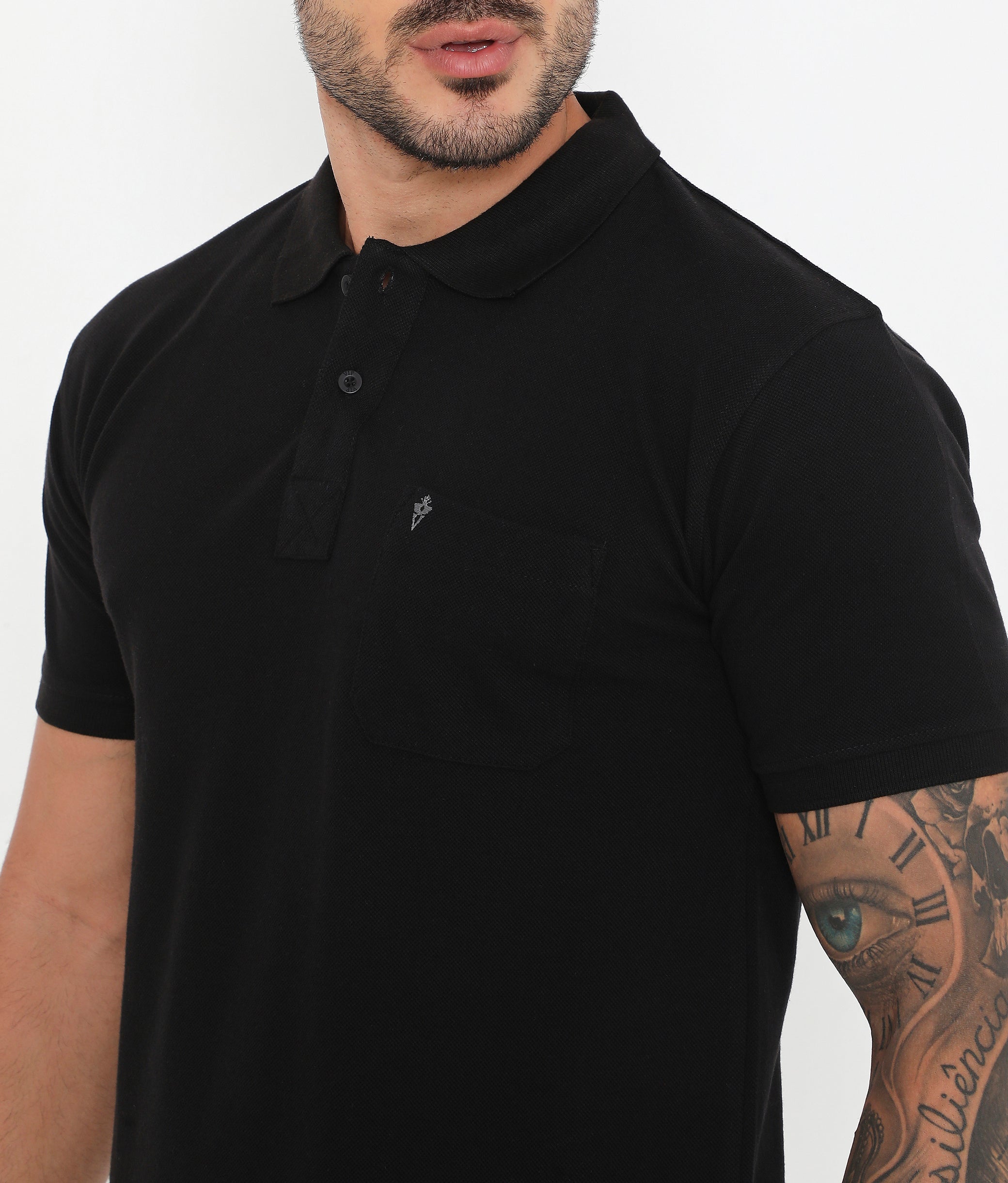 Men Solid Black Cotton Polo T-Shirt with Chest Pocket