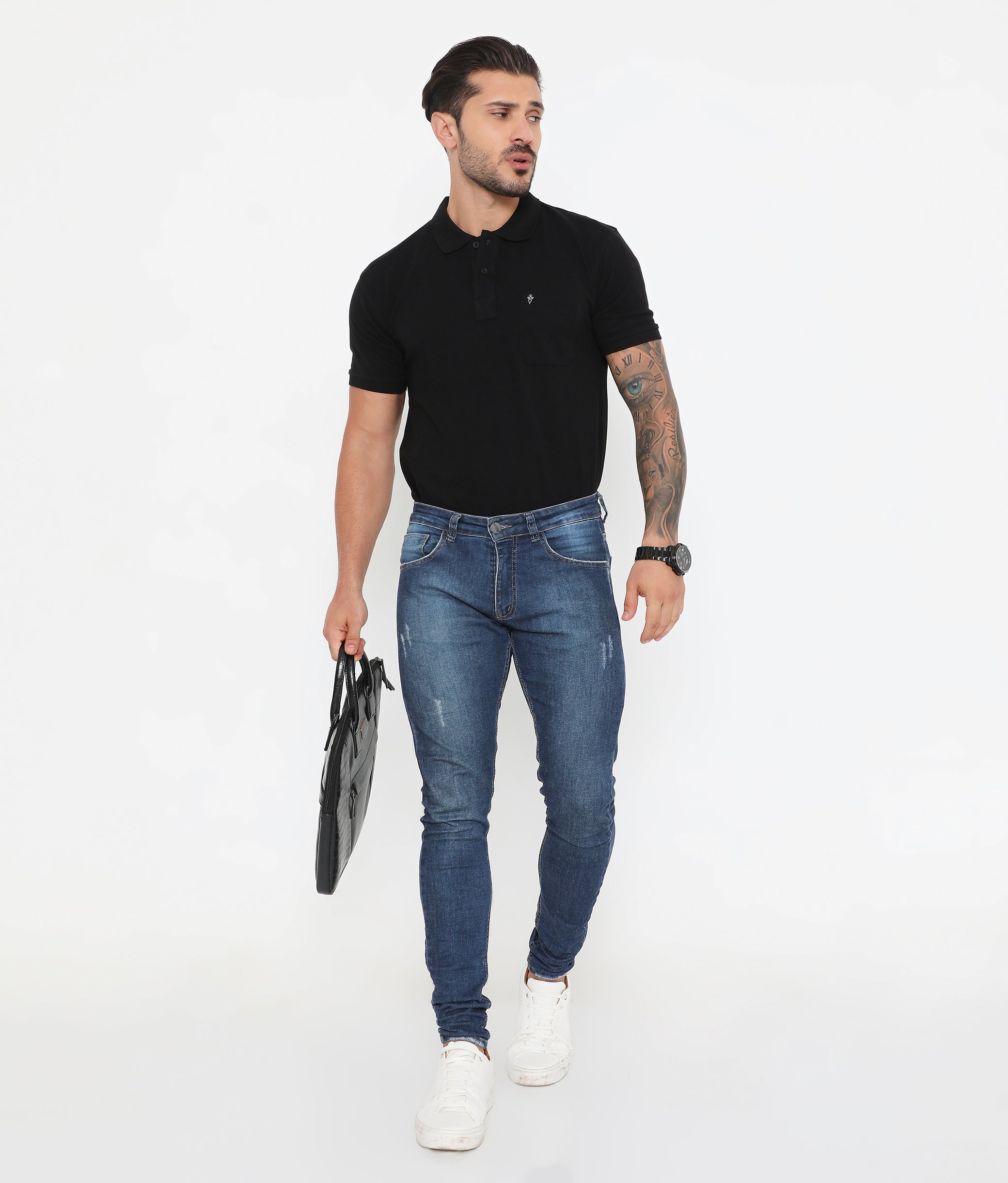 Men Solid Black Cotton Polo T-Shirt with Chest Pocket