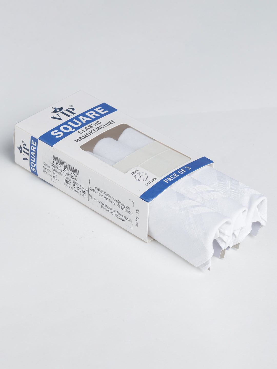 VIP Men's Solid Cotton White Square Classic 01 Handkerchief-Pack of 3