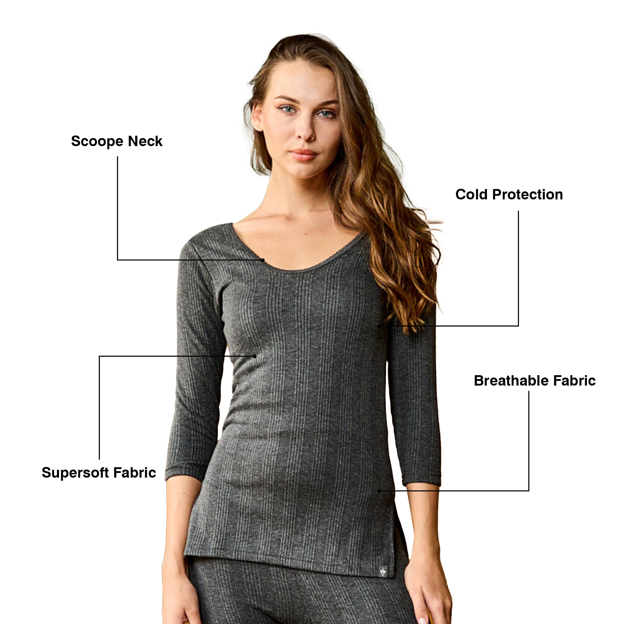 VIP Women Scoop Neck 3/4 Sleeves Top Thermal Wear - Charcol Melange