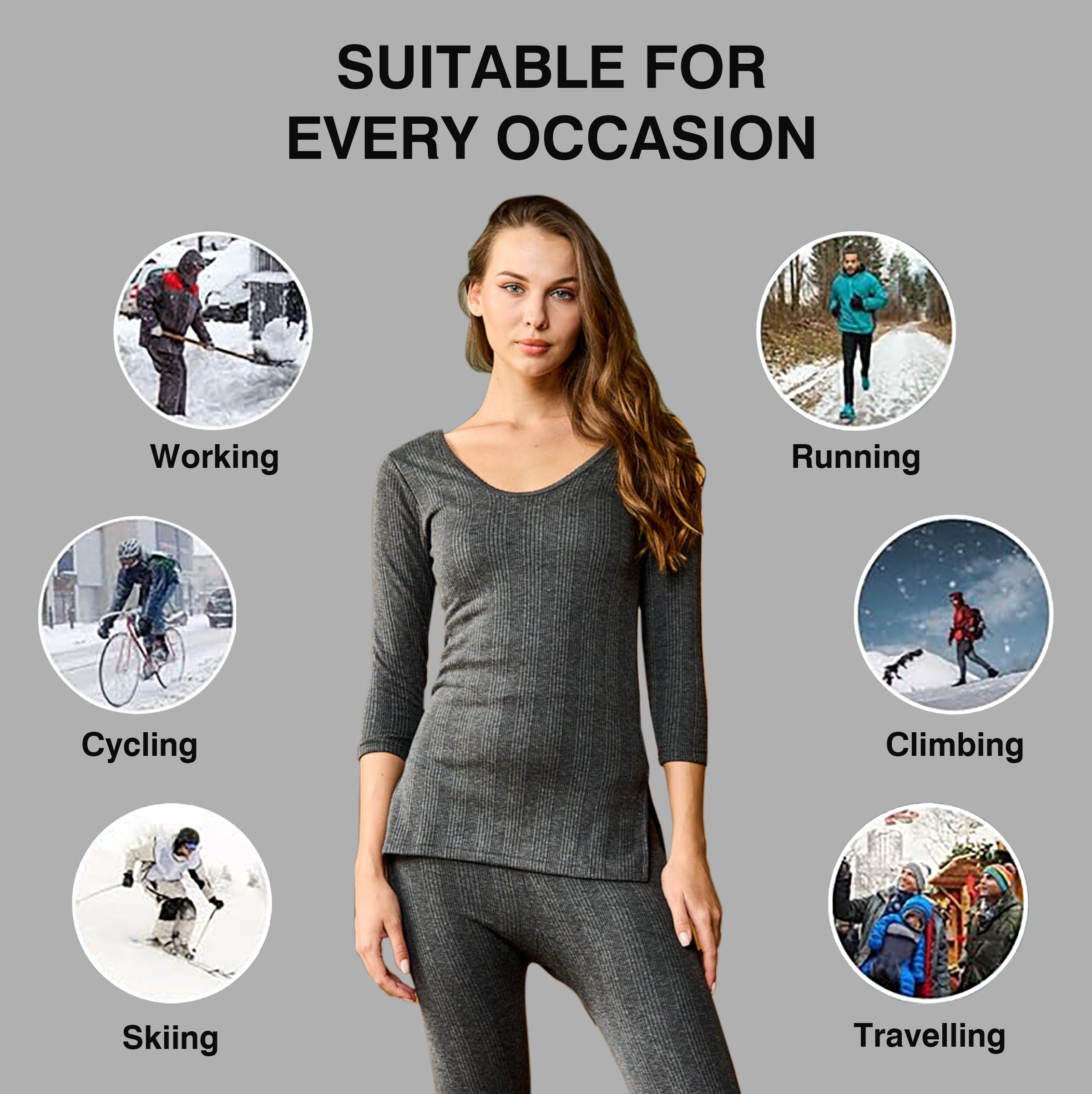 VIP Women Scoop Neck 3/4 Sleeves Top Thermal Wear - Charcol Melange