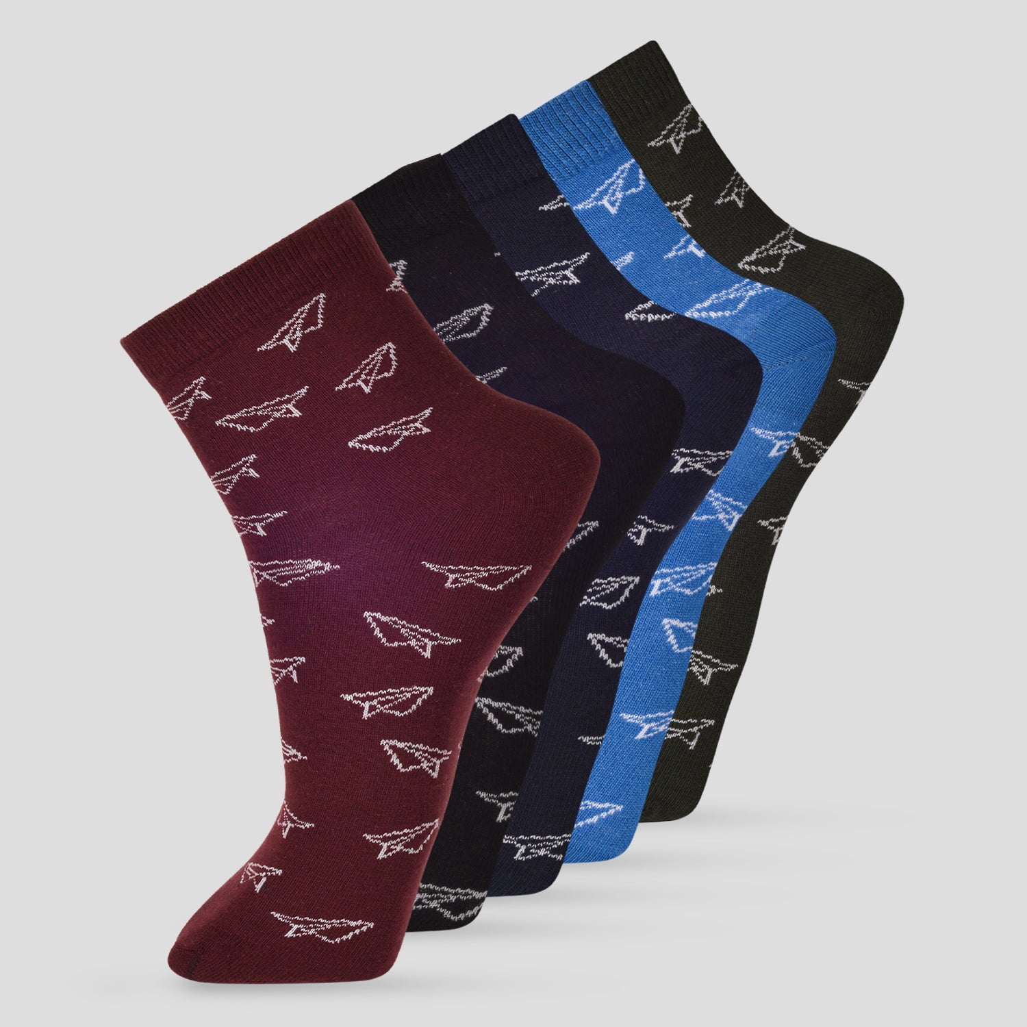 PACK OF 5 AOP DESIGN ON HALF DESIGN ANKLE LENGTH CUT ASSORTED COTTON SOCKS 12