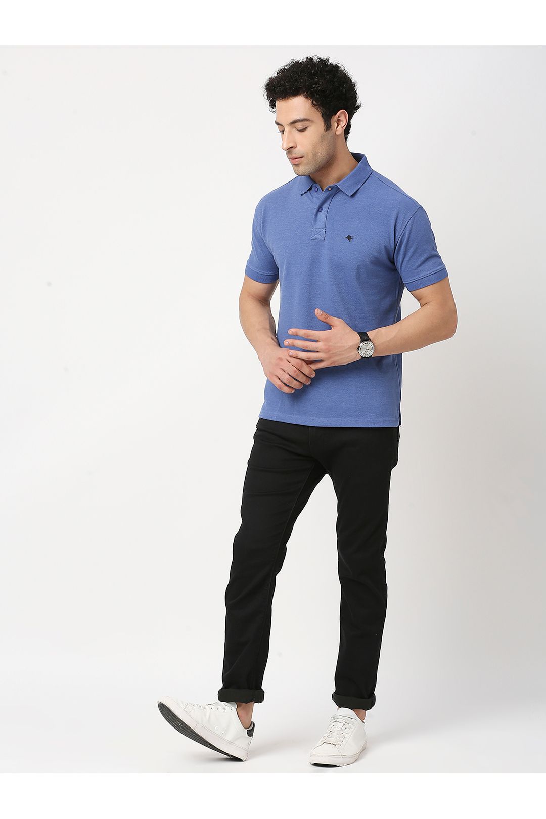 Men Indigo Melange Cotton Polo T-Shirt