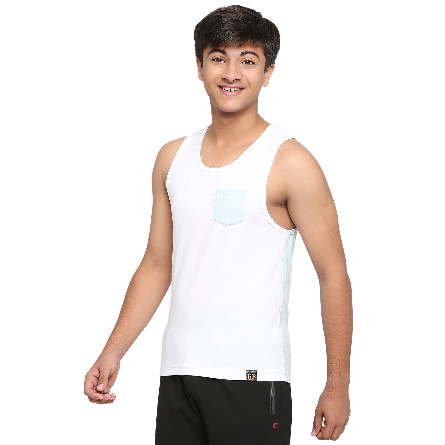 U-19 Teens Aqua Two colour vest made from cotton lycra melange fabric