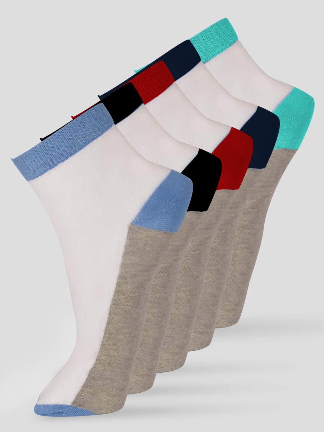 PACK OF 5 SOLID COLOR BLOCKING DESIGN ANKLE LENGTH CUT ASSORTED COTTON  SOCKS 11