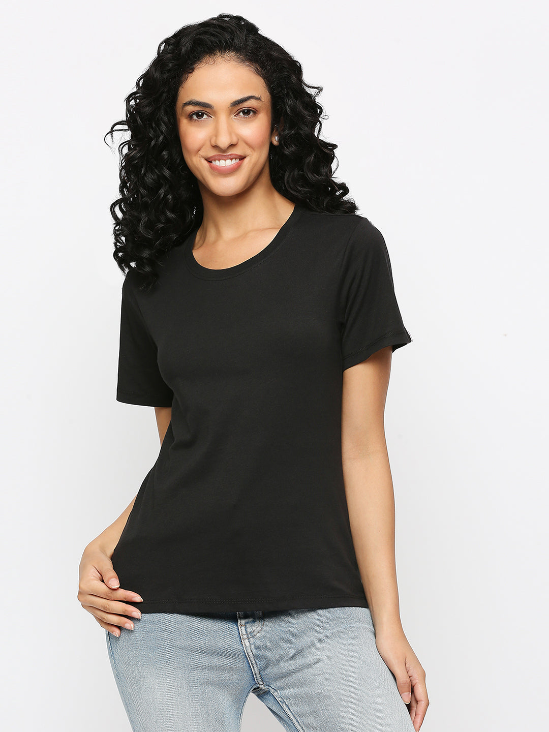 Solid Black Cotton Rich Essential T-Shirt for Women