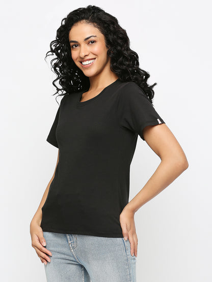 Solid Black Cotton Rich Essential T-Shirt for Women