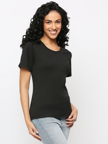 Solid Black Cotton Rich Essential T-Shirt for Women