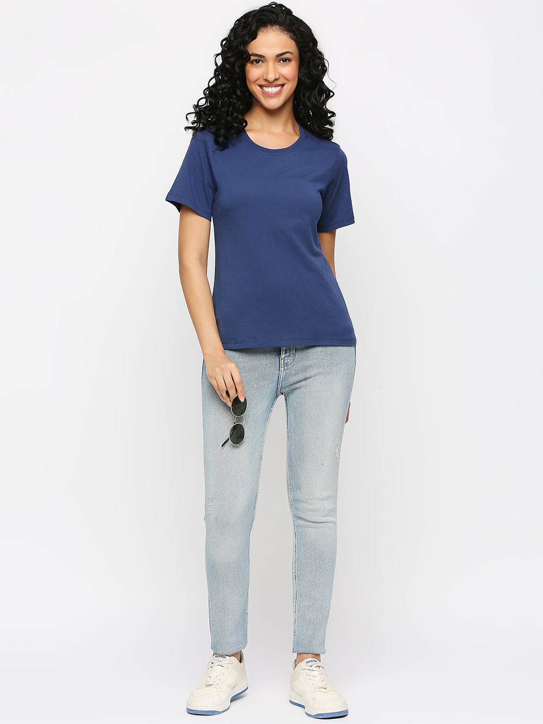 Solid Navy Cotton Rich Essential T-Shirt for Women