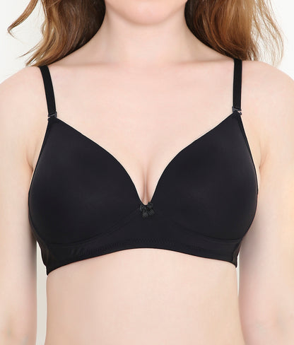 Solid Black Silky Soft Full Coverage Deep Neck T-Shirt Bra | Padded | Stretchable Bra for Women