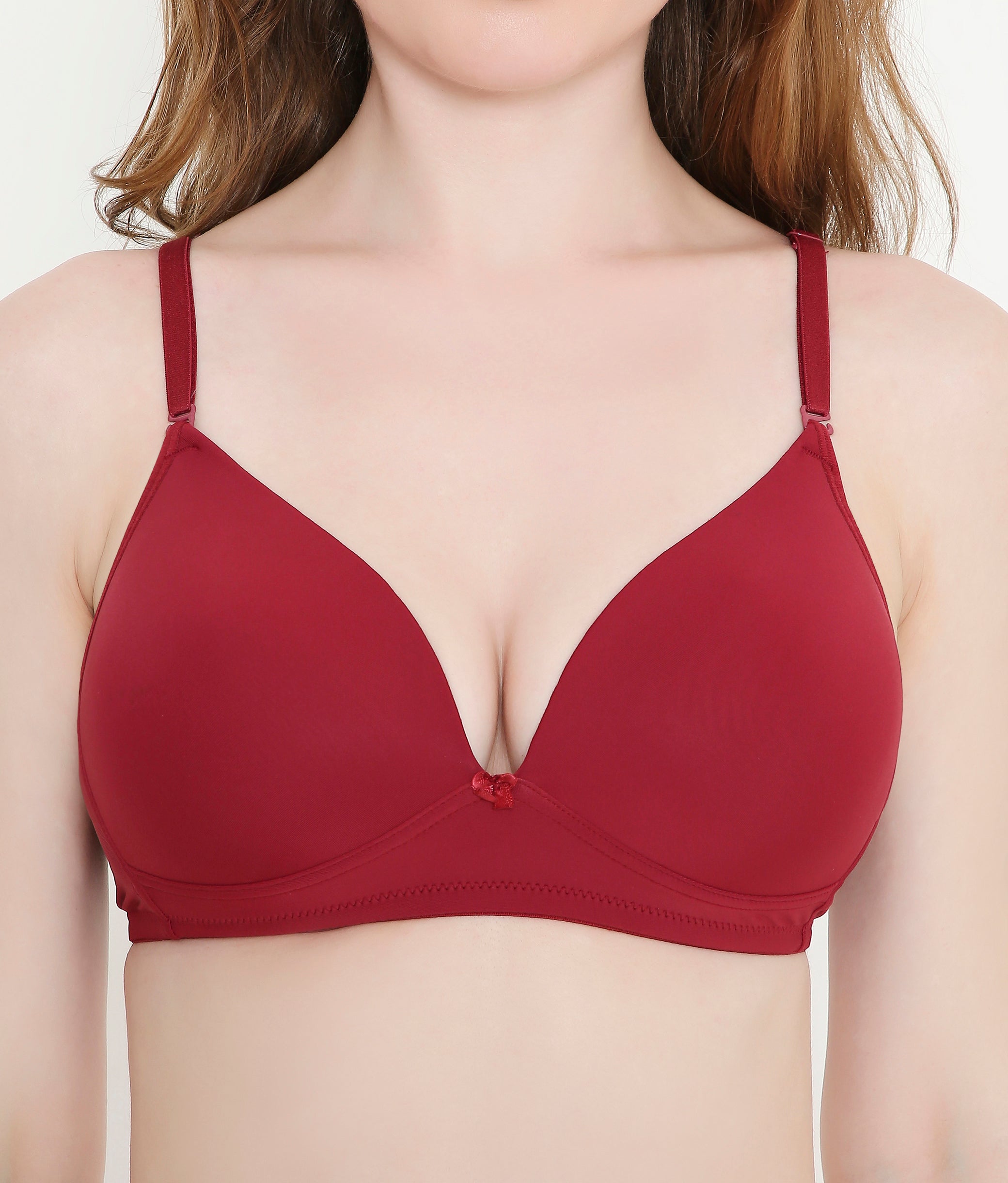 Solid Maroon Silky Soft Full Coverage Deep Neck T-Shirt Bra | Padded | Stretchable Bra for Women