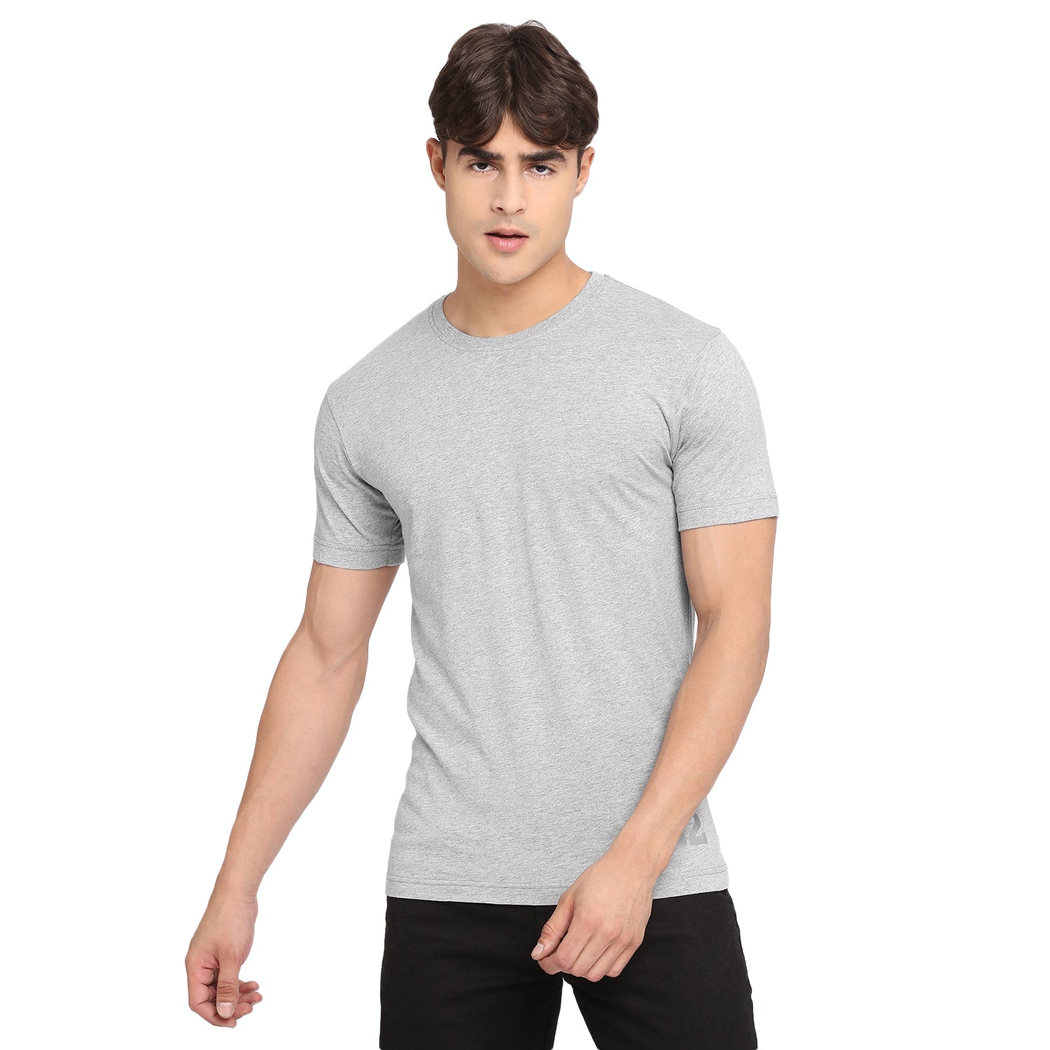 Light Grey Melange Pure Cotton Round Neck T-Shirt for Men