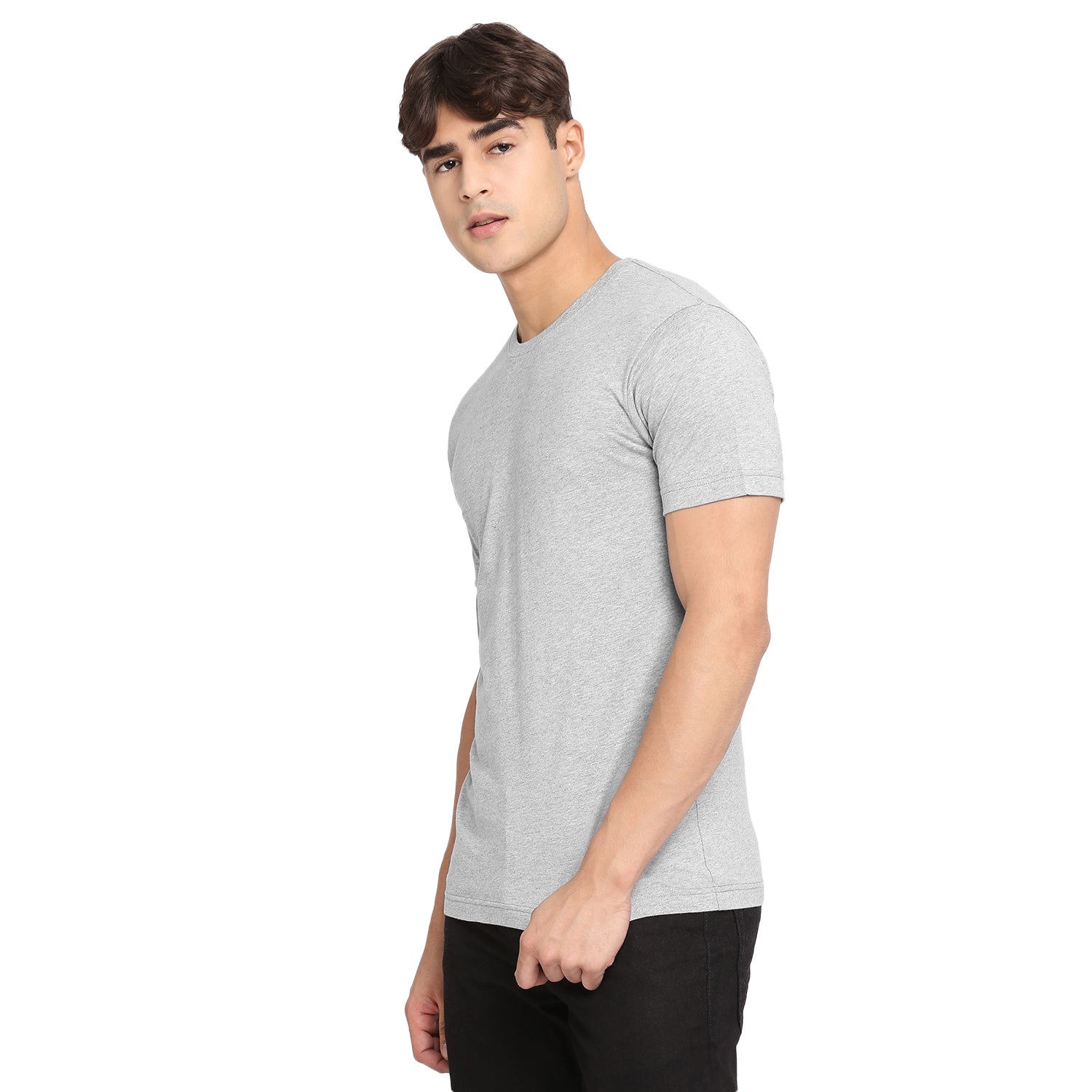 Light Grey Melange Pure Cotton Round Neck T-Shirt for Men