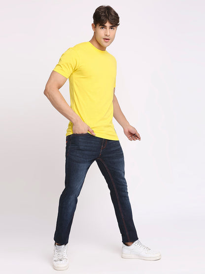 Solid Yellow Pure Cotton Round Neck T-Shirt for Men