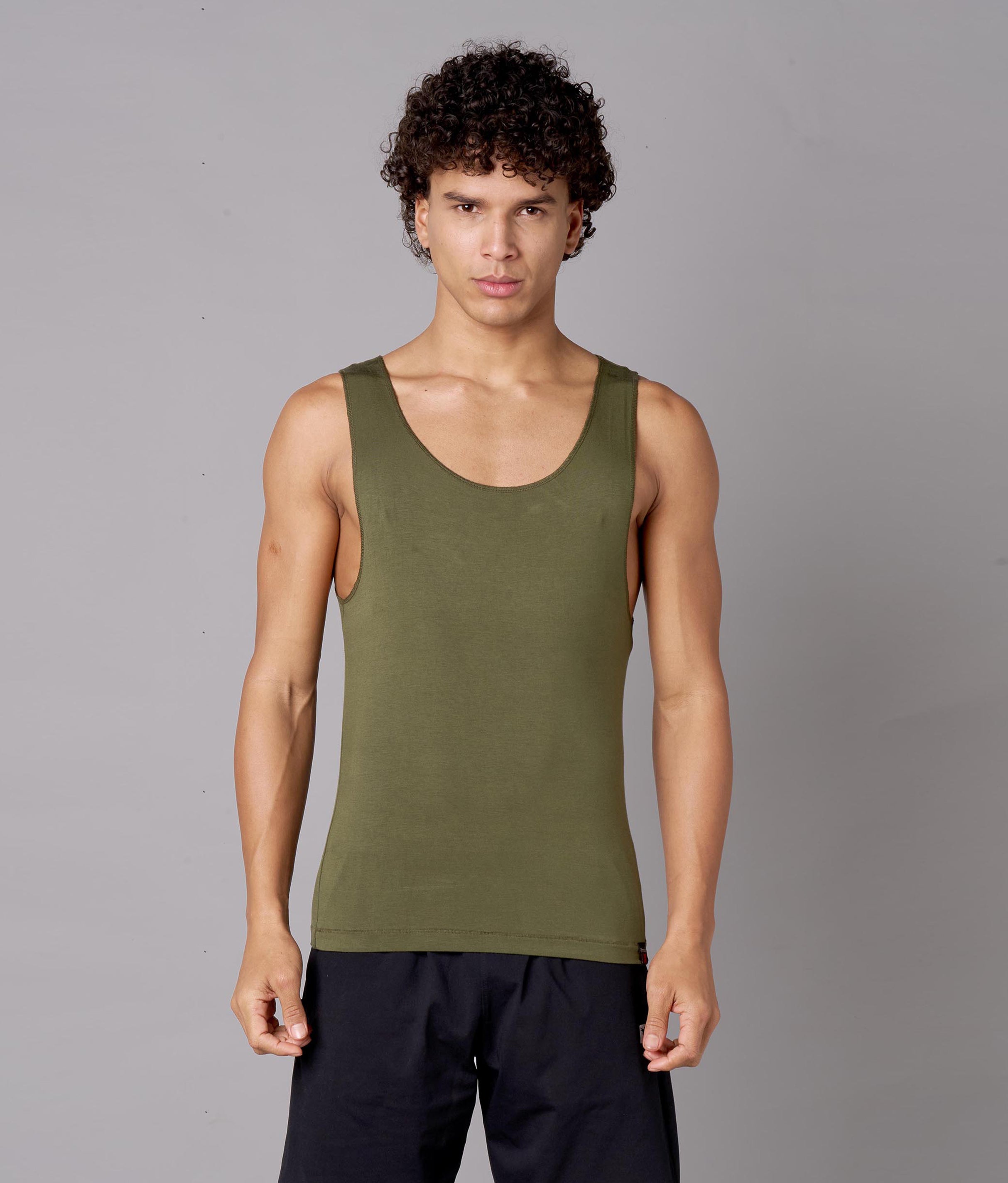 X-Snacc Solid Beetle Olive Micro Modal Vest for Men