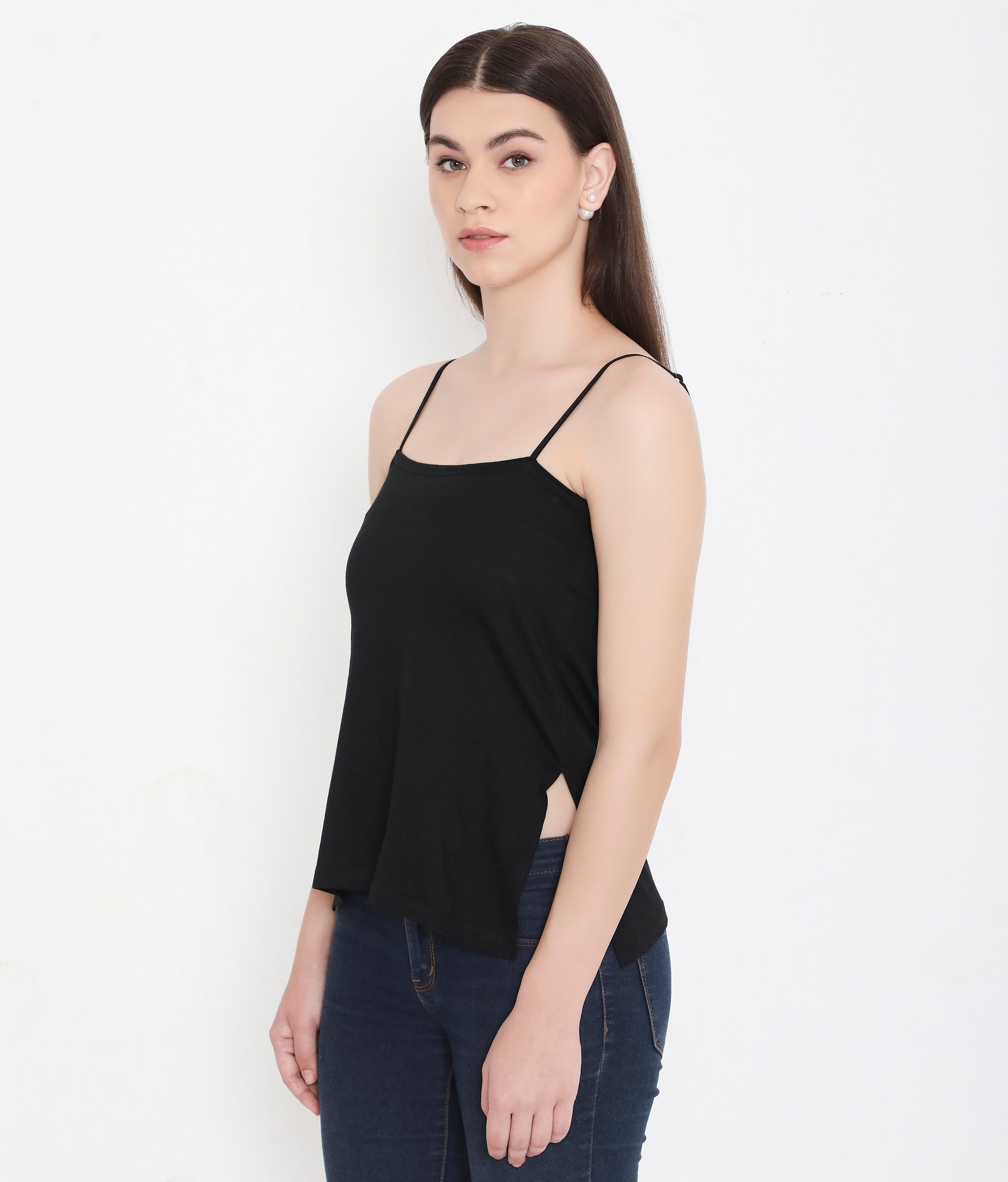 KS03 Side Slit Black Kurti Slip Camisole with Adjustable Straps for Women