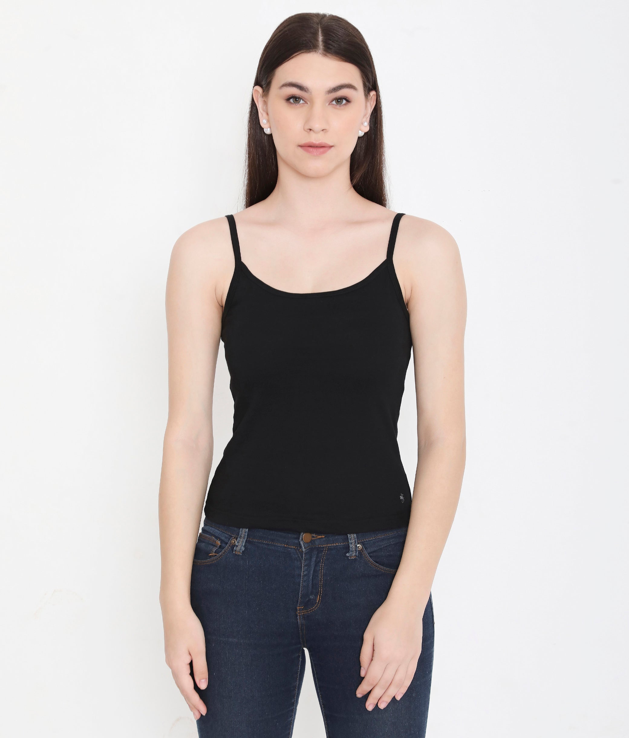 Women Solid Black Pure Cotton Innerwear Camisole with Slender Straps