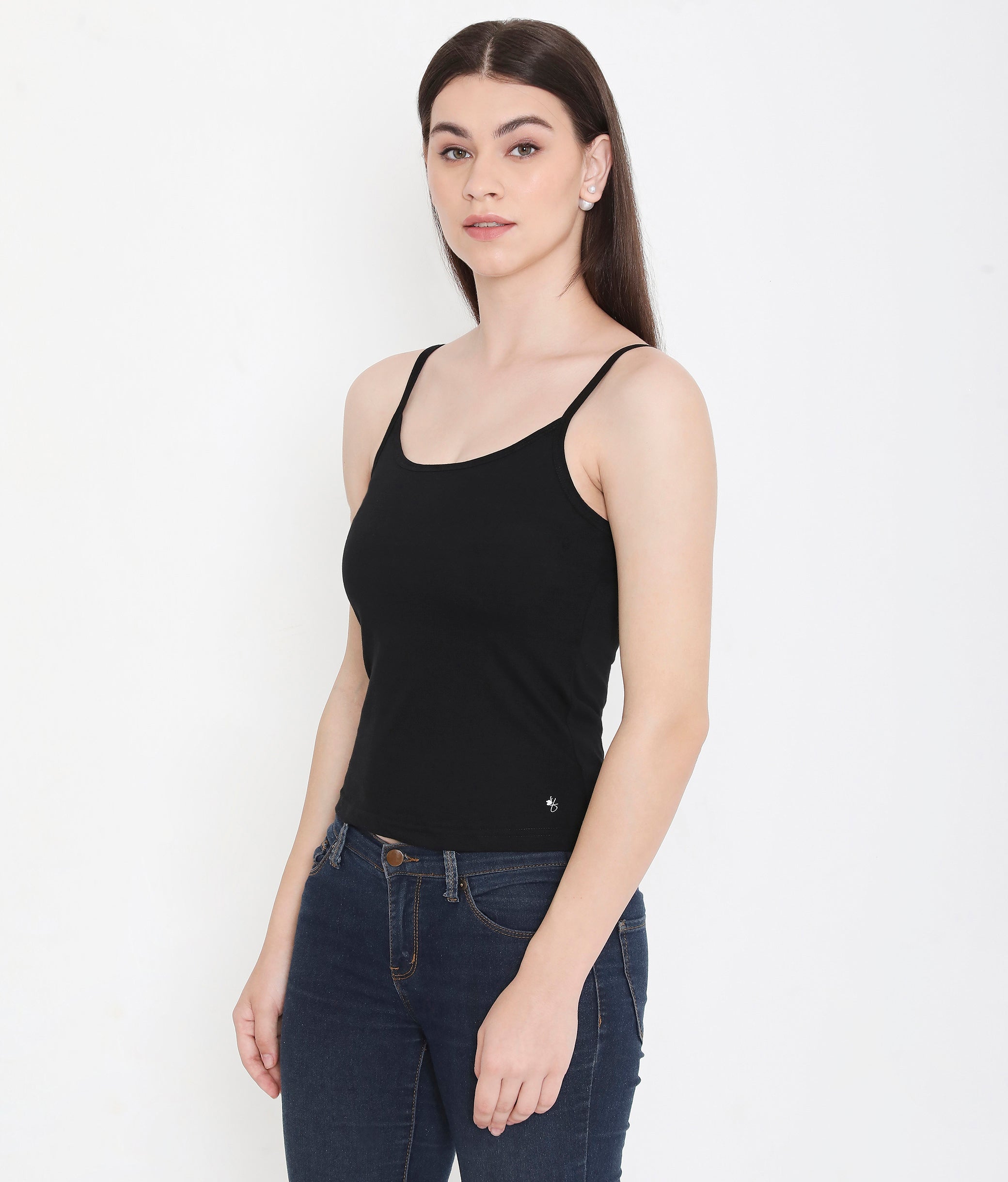 Women Solid Black Pure Cotton Innerwear Camisole with Slender Straps