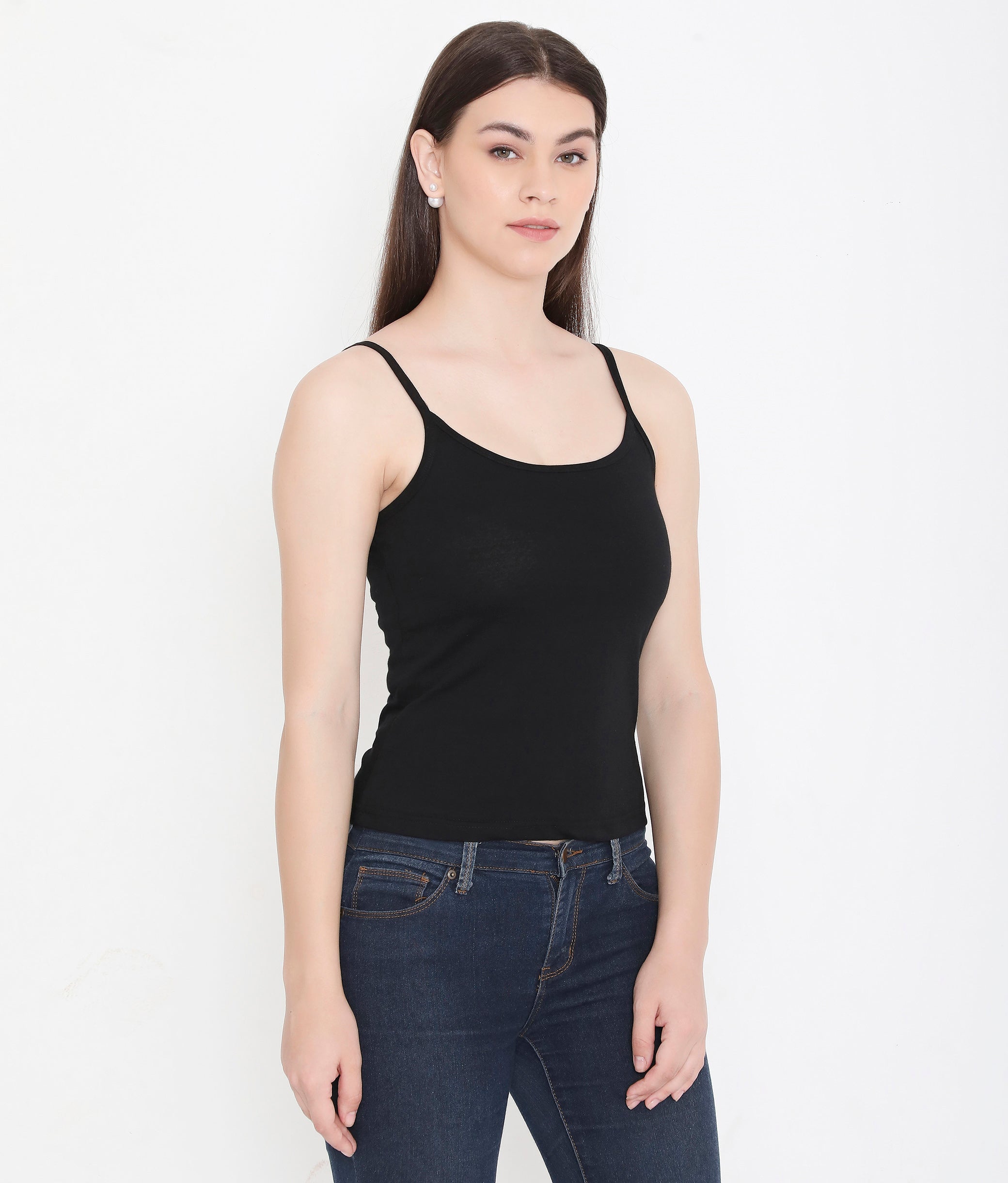 Women Solid Black Pure Cotton Innerwear Camisole with Slender Straps