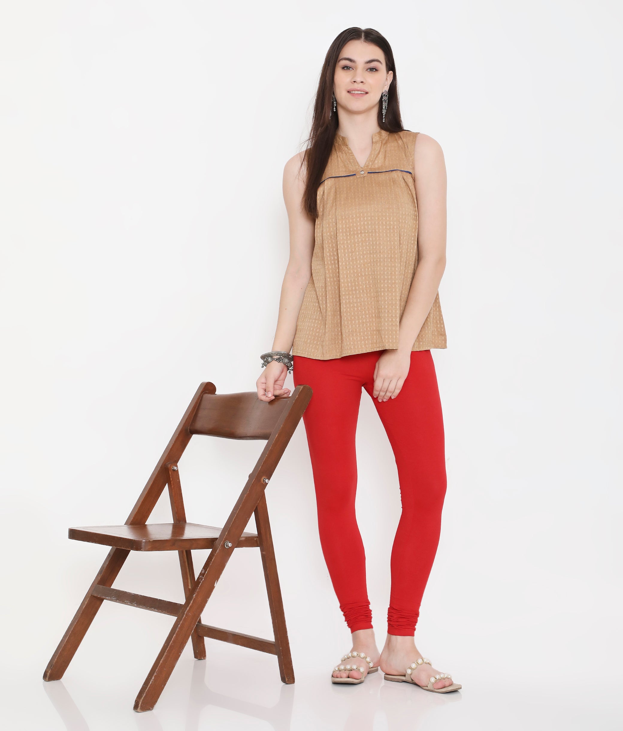 WOMEN SOLID RED COTTON CHURIDAR LEGGINGS