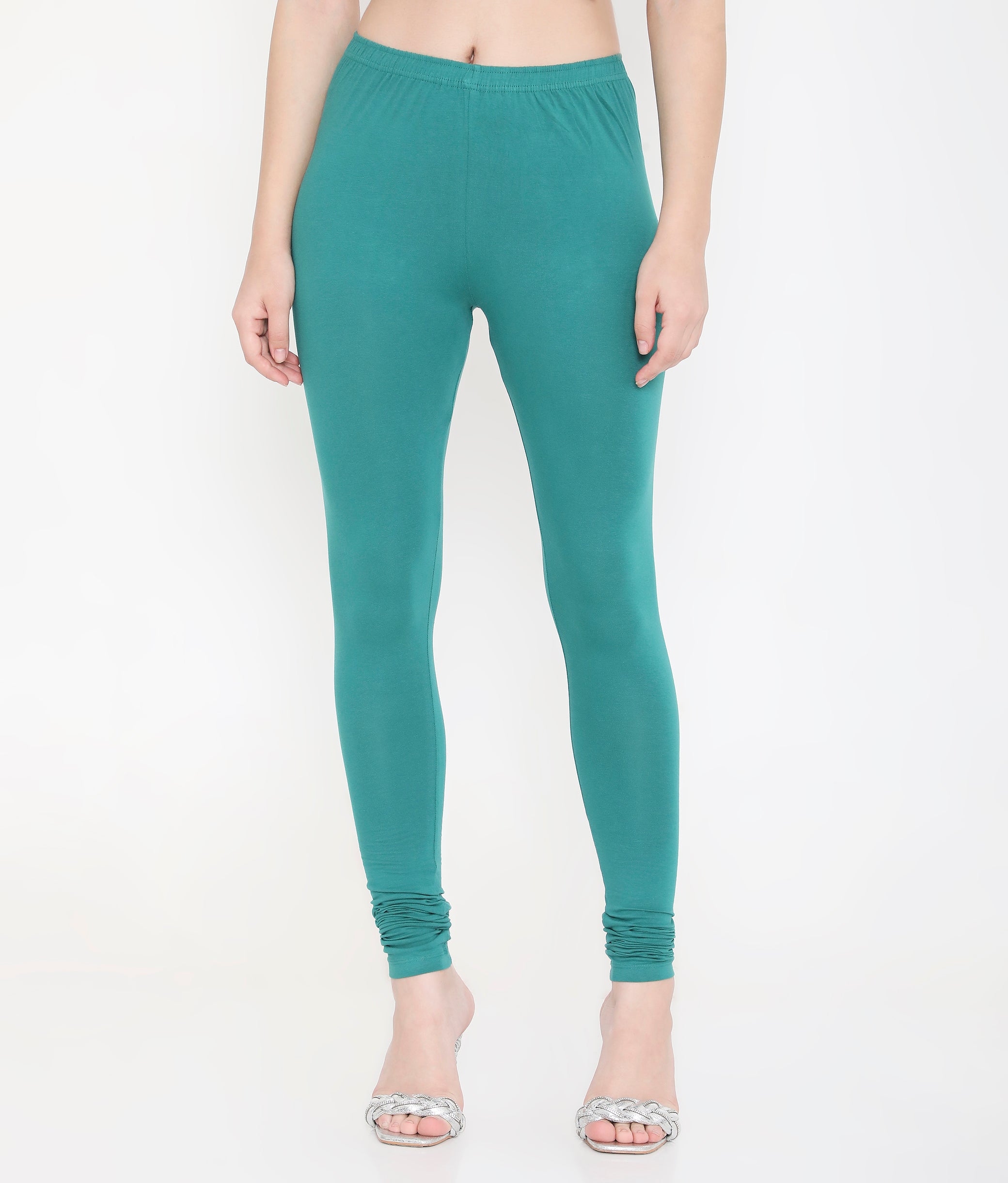 WOMEN SOLID GREEN COTTON CHURIDAR LEGGINGS