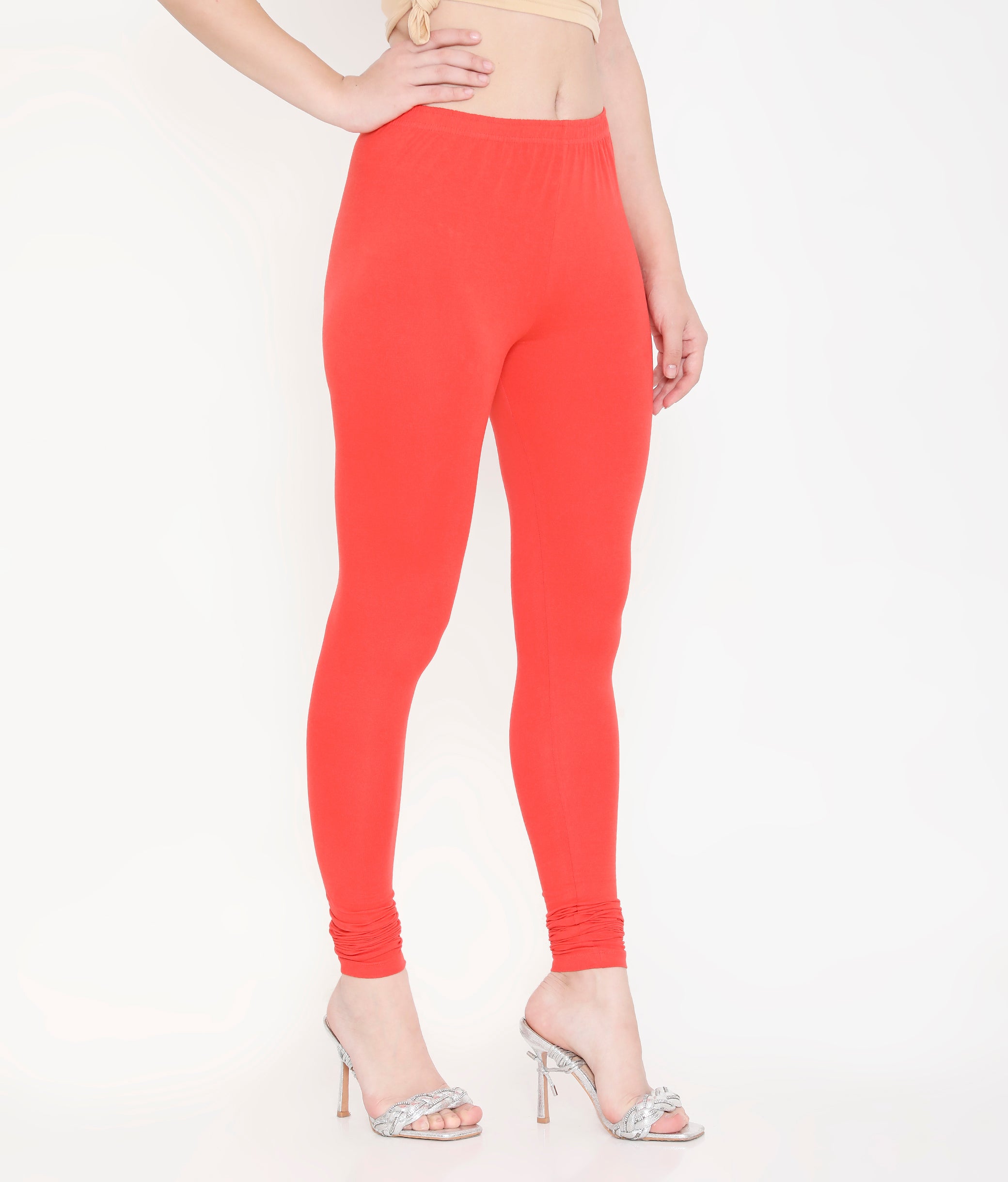 WOMEN SOLID ORANGE COTTON CHURIDAR LEGGINGS