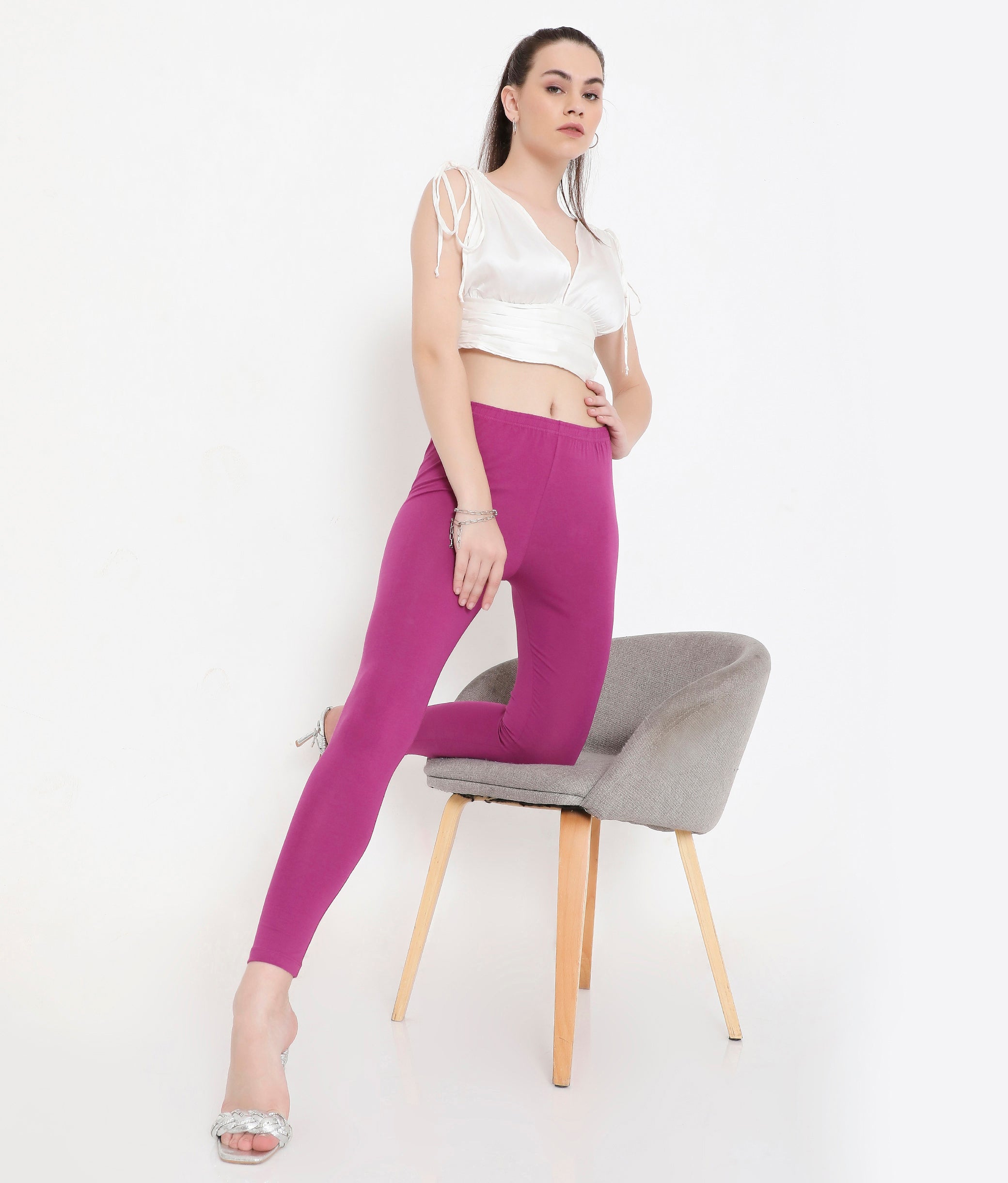 SOLID PURPLE ANKLE-LENGTH COTTON LEGGINGS FOR WOMEN