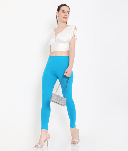 WOMEN SOLID BLUE ANKLE-LENGTH COTTON LEGGINGS Free Size
