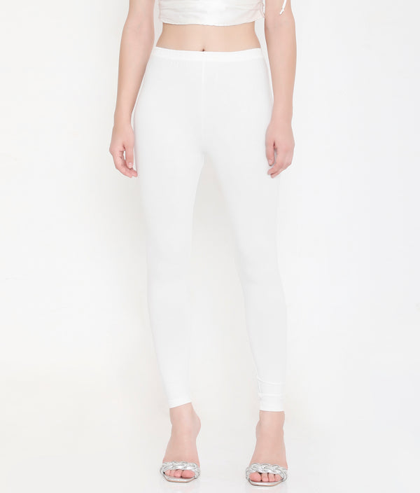 SOLID WHITE ANKLE-LENGTH COTTON LEGGINGS FOR WOMEN